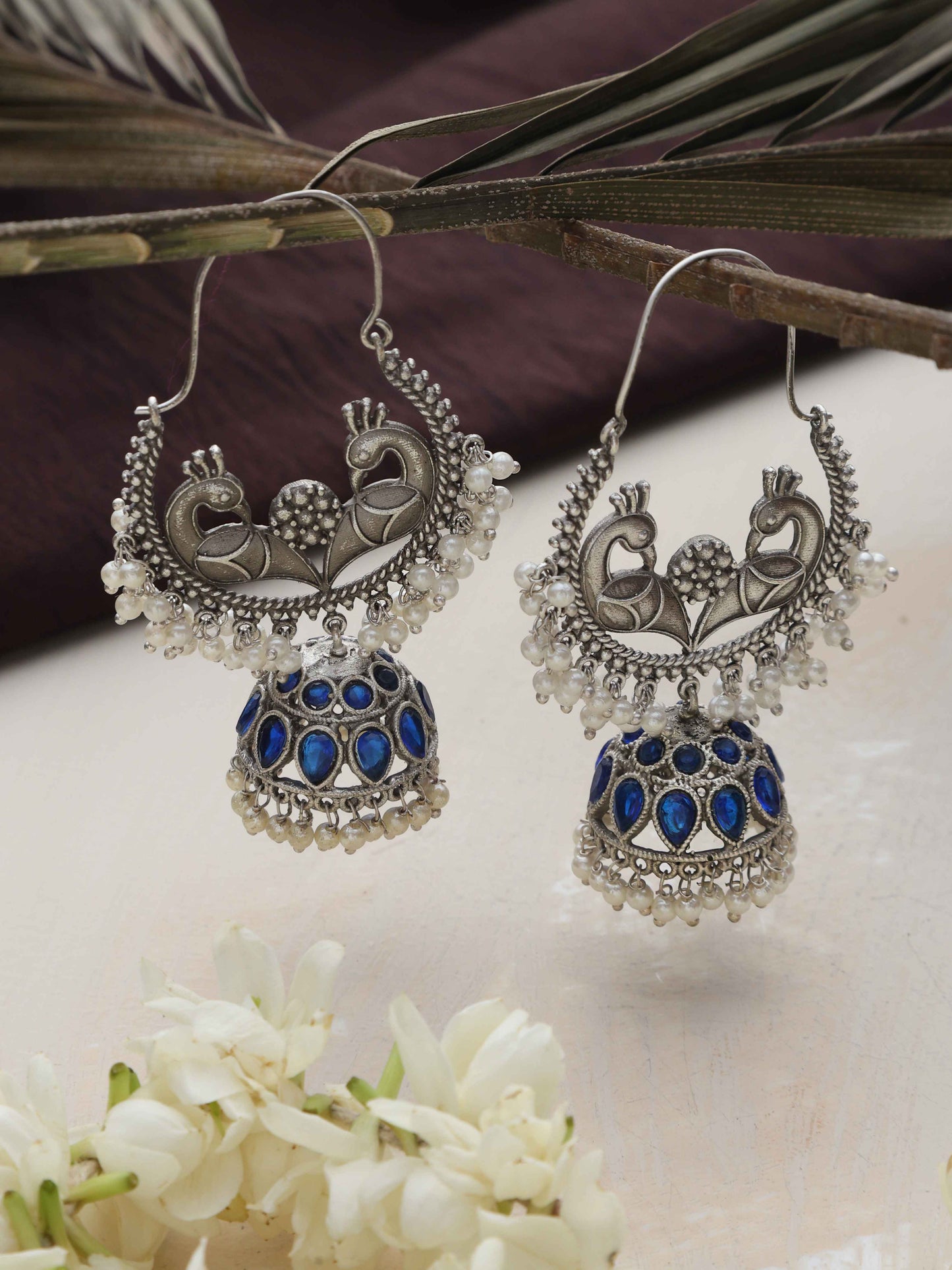 trueBrowns Silver Tone Peacock Jhumka Earrings - Swadesiicart