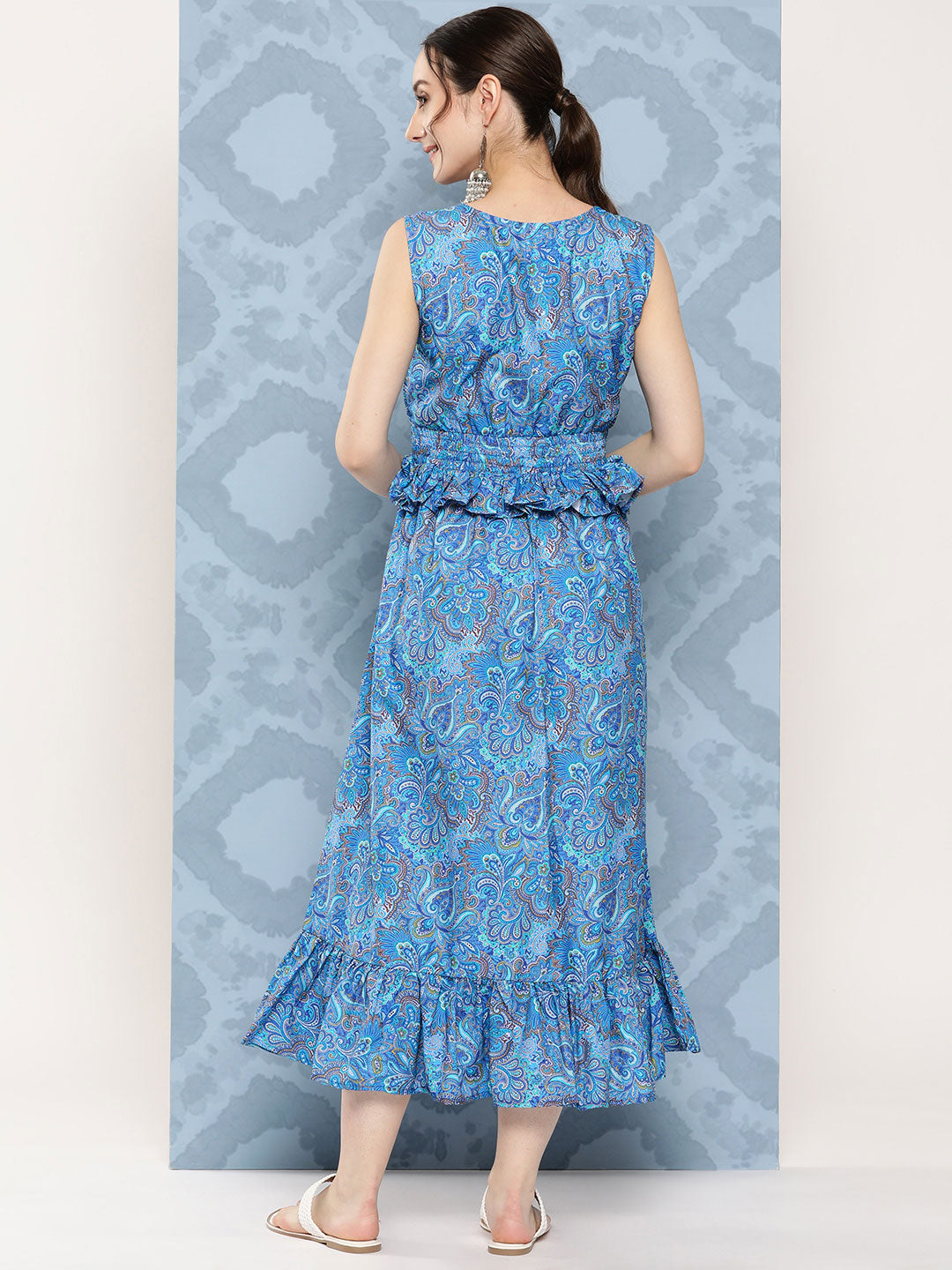 InWeave Women's Sapphire Blue Floral Paisley Print Long Frill Dress - Swadesiicart