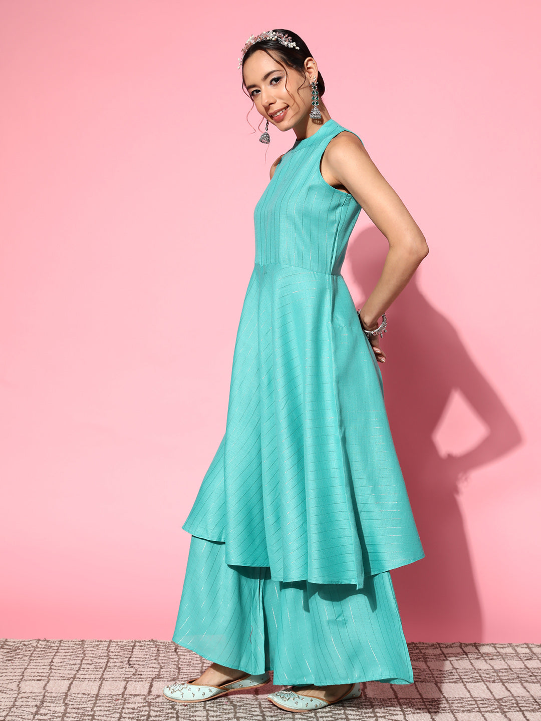 InWeave Women's Teal Lurex Boho Sleevless Kurta Set - Swadesiicart