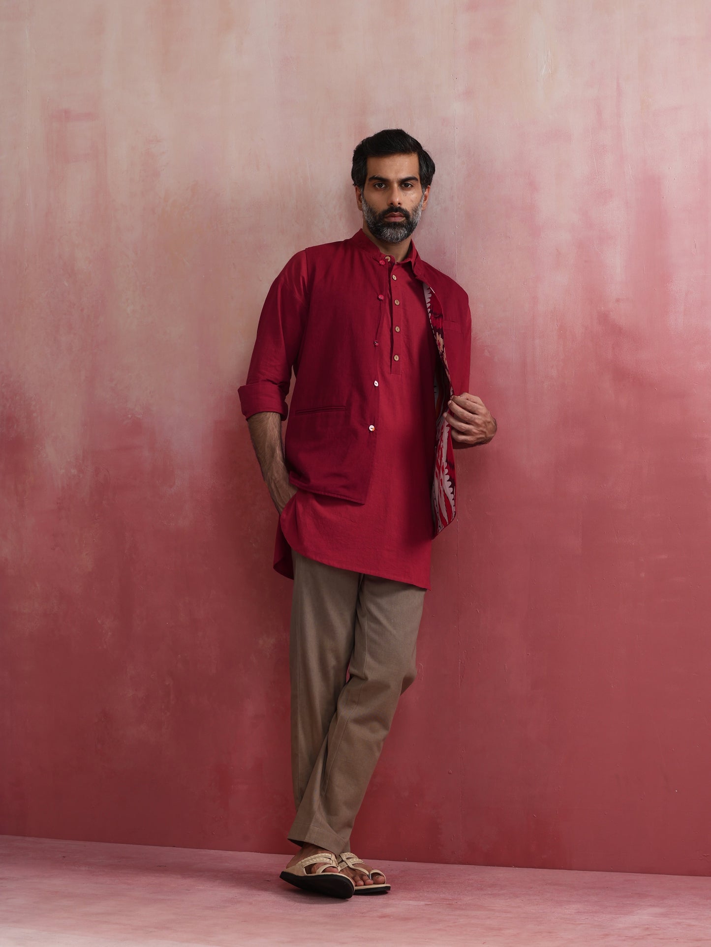 trueBrowns Men's Maroon Ikat Print Cotton Reversible Nehru Jacket | Swadesiicart