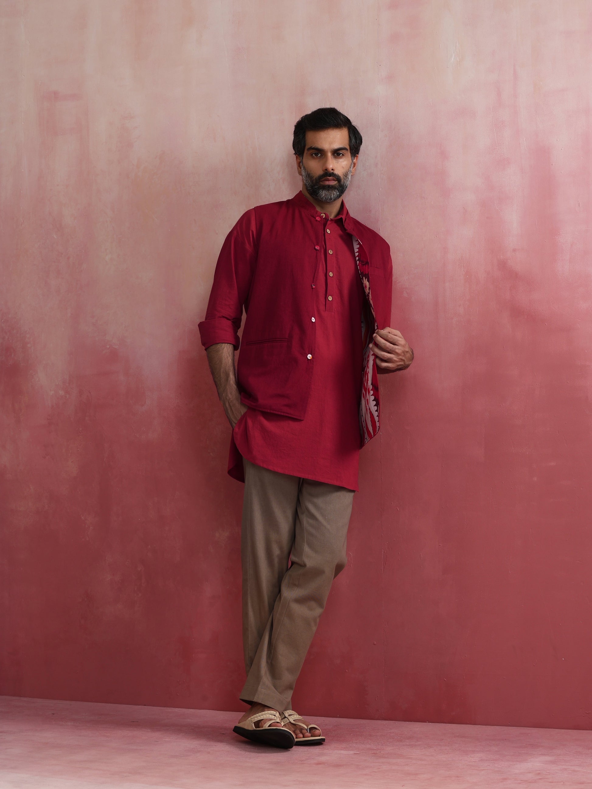 trueBrowns Men's Maroon Ikat Print Cotton Reversible Nehru Jacket | Swadesiicart