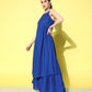 InWeave Women's Ink Blue Strappy Kurta Set With Pink Organza Cape - Swadesiicart