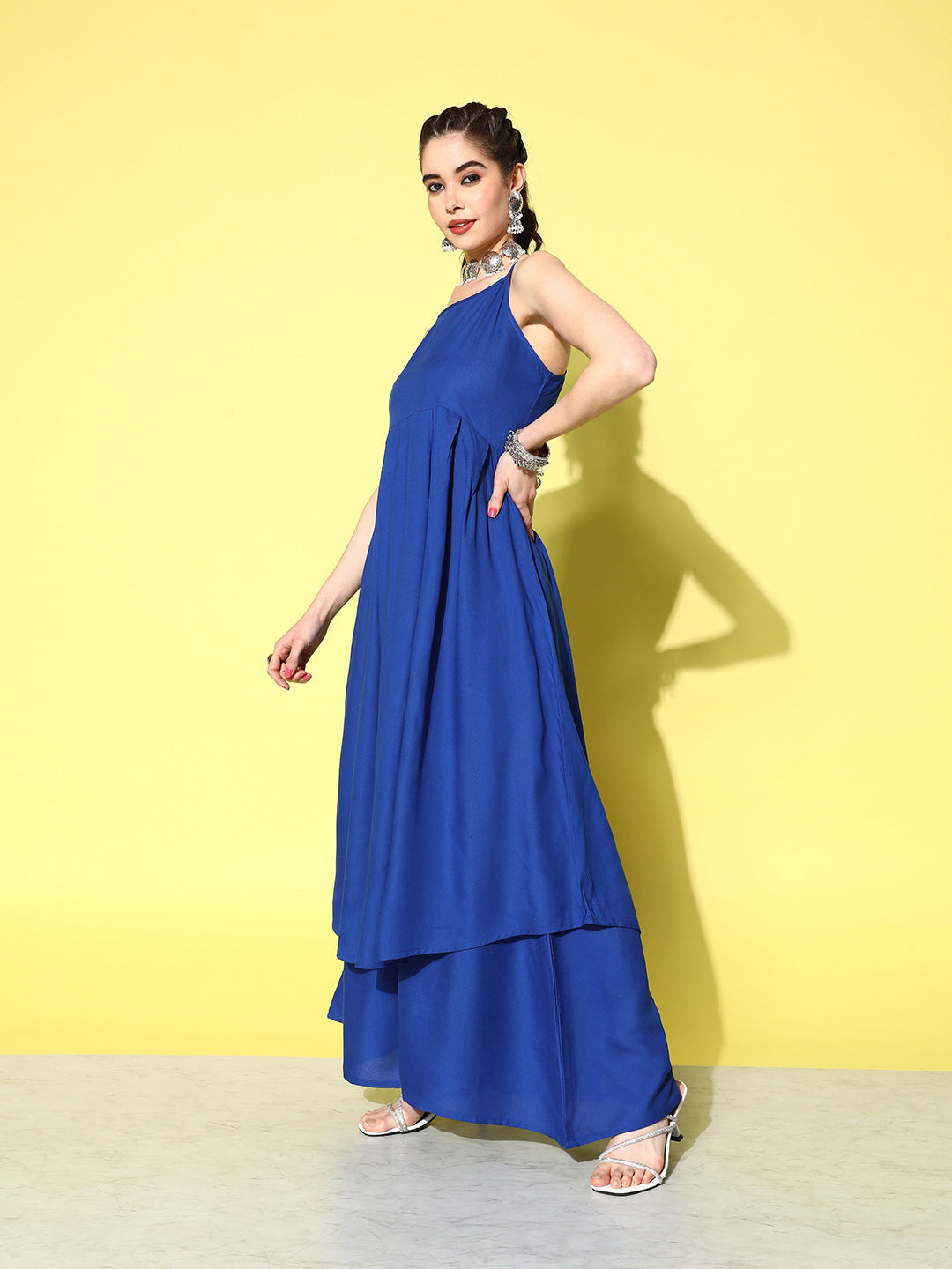 InWeave Women's Ink Blue Strappy Kurta Set With Pink Organza Cape - Swadesiicart