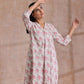 trueBrowns Pink Green Buta On White Block Print Cotton Slit Kurta Pant Set | Swadesiicart