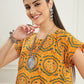 InWeave Women's Haldi Yellow Mughal Kalamkari A Line Dress - Swadesiicart