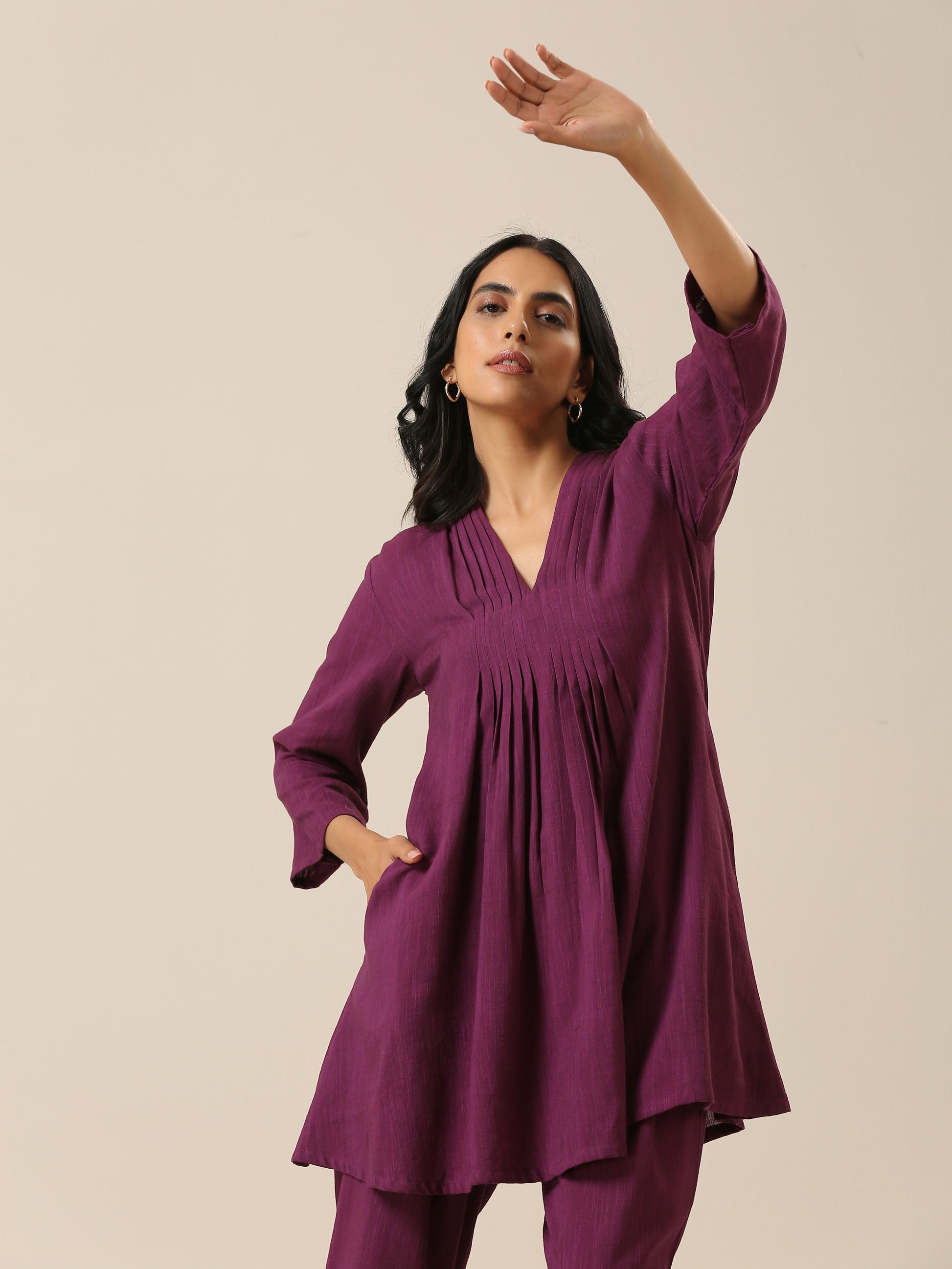 trueBrowns Plum Purple Slub Texture Pleated Co-Ord Set - Swadesiicart