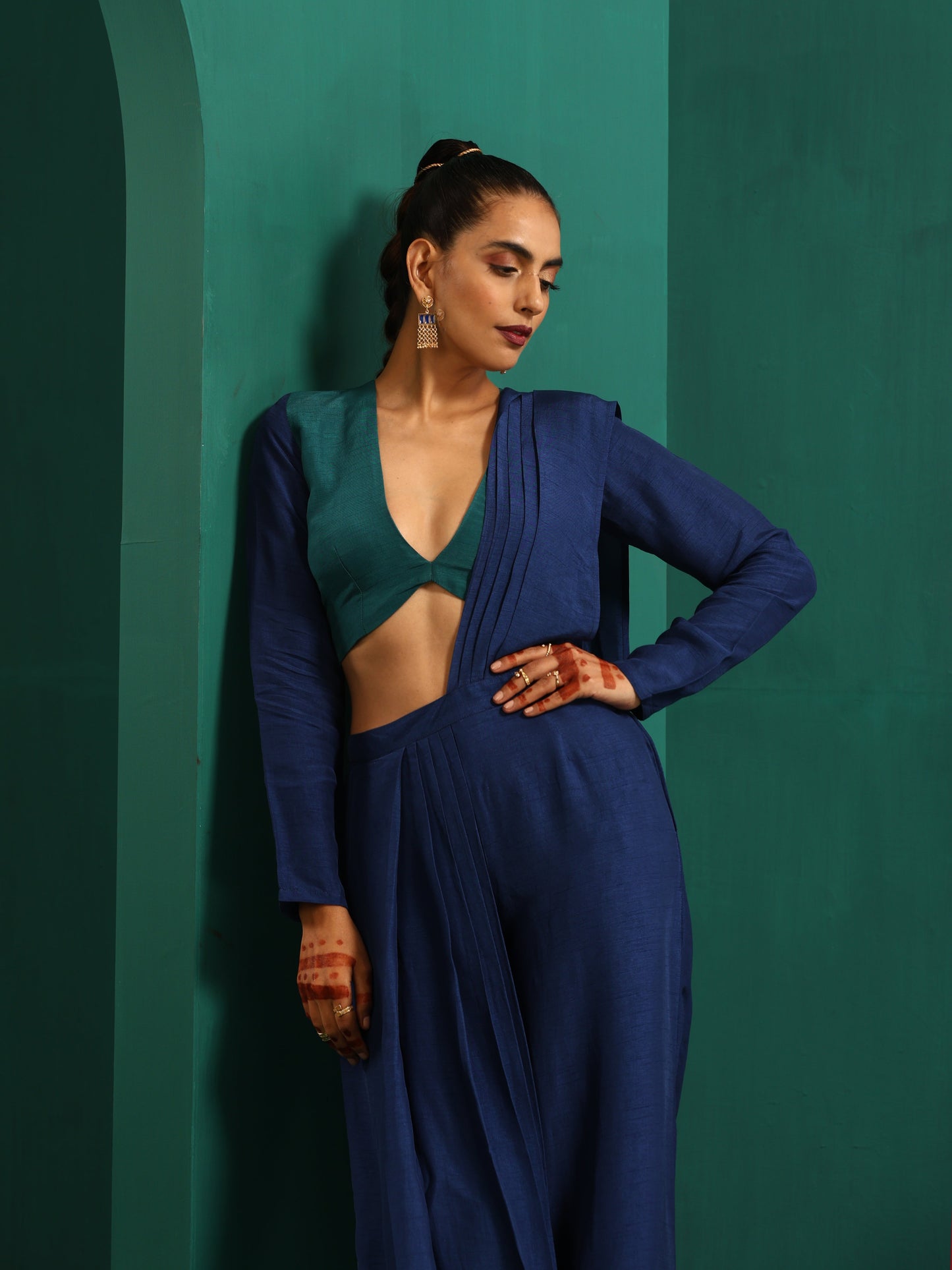 trueBrowns Blue Silk Palazzo Stitched Saree | Swadesiicart