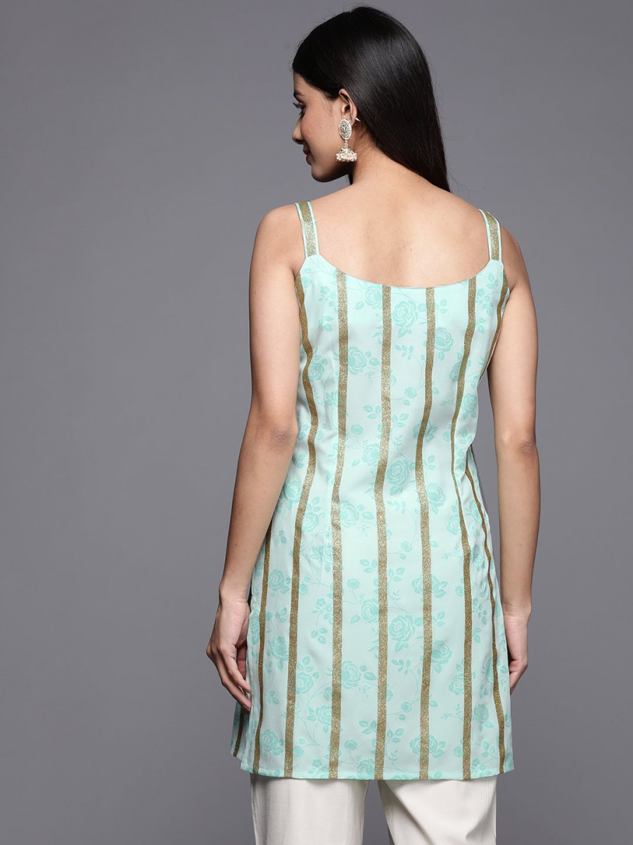 Ahalyaa Striped Floral Printed Shoulder Straps Crepe Tunic | Swadesiicart