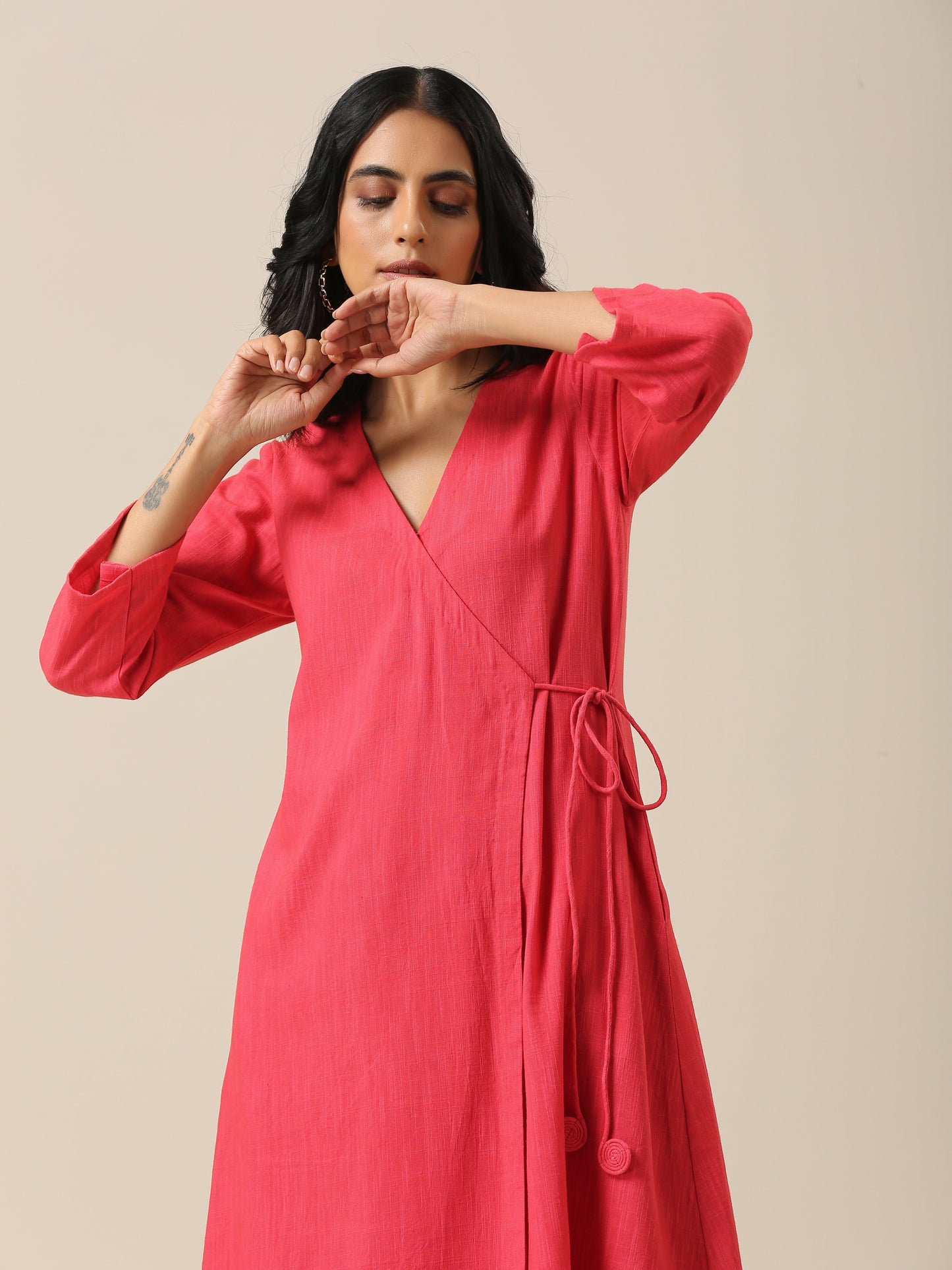 trueBrowns Bright Pink Slub Texture Angrakha Pant Set | Swadesiicart