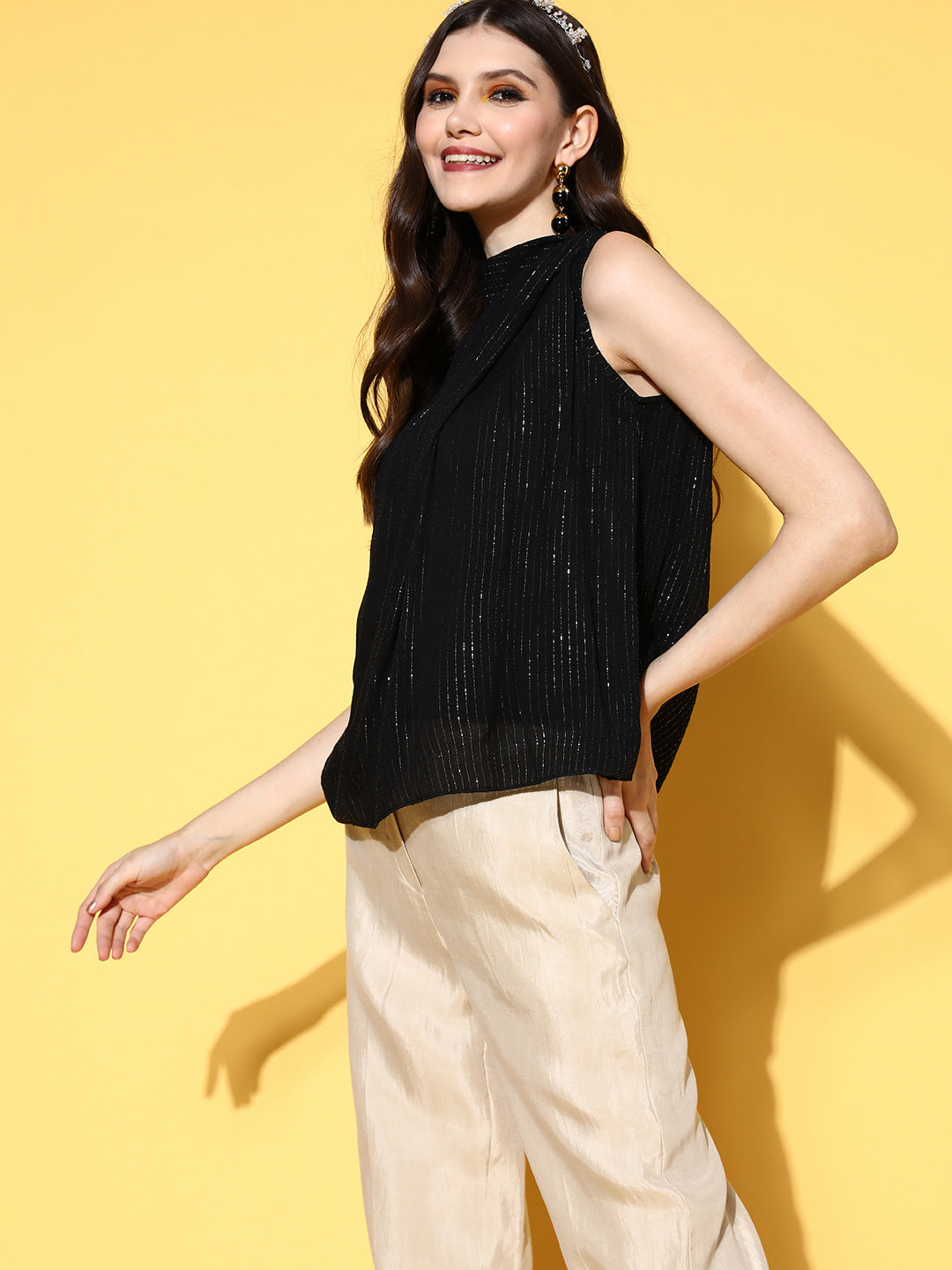 InWeave Women's Black Lurex Tie Up Top - Swadesiicart
