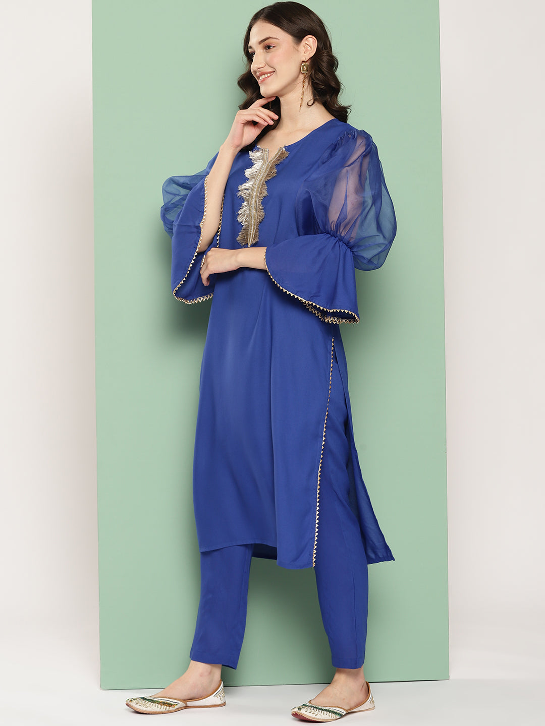 InWeave Women's Ink Blue Organza Sleeve Kurta Set W Blue Fuchsia Or Dupatta - Swadesiicart