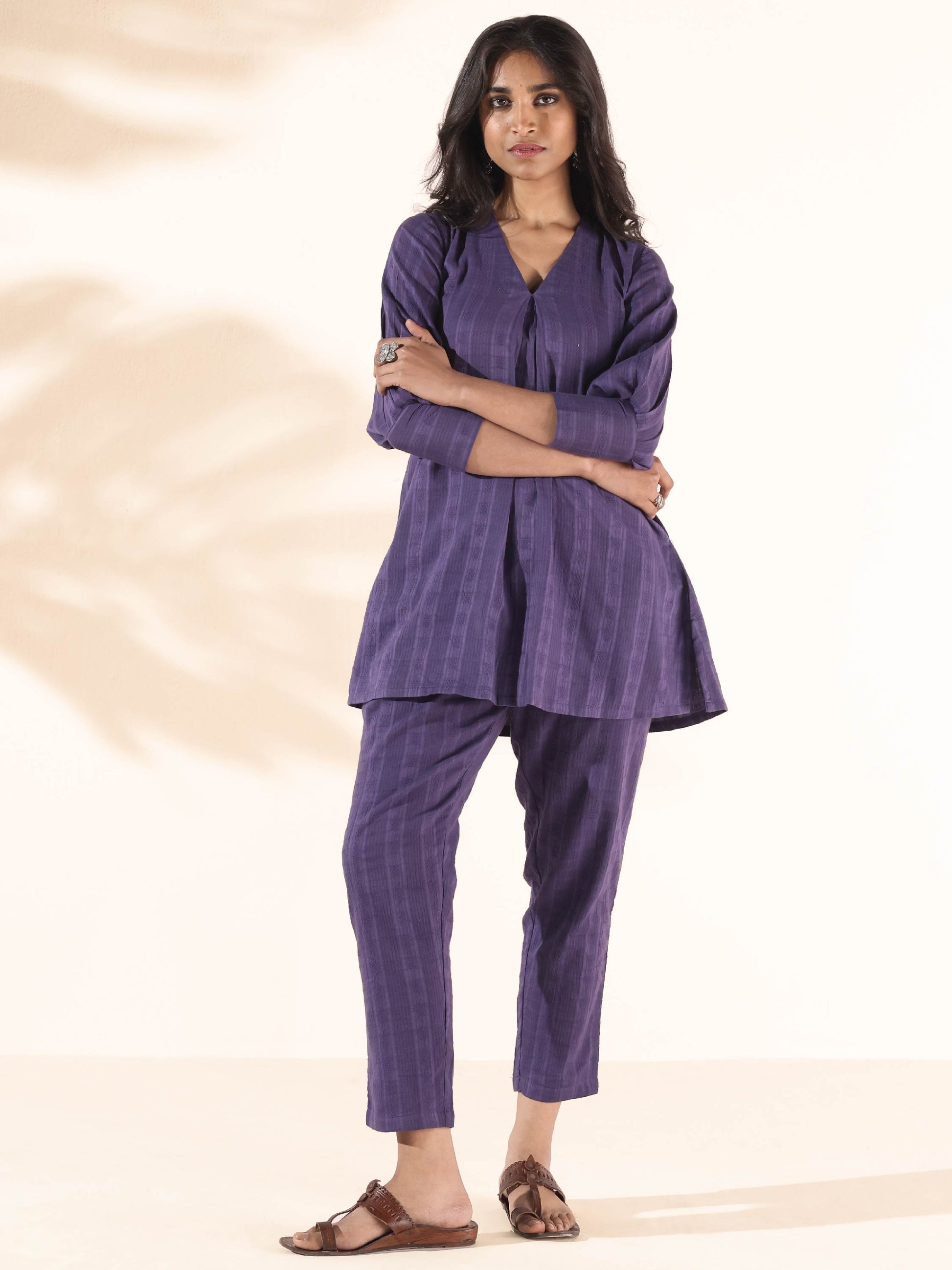 trueBrowns Purple Cotton Dobby Co-ord Set - Swadesiicart