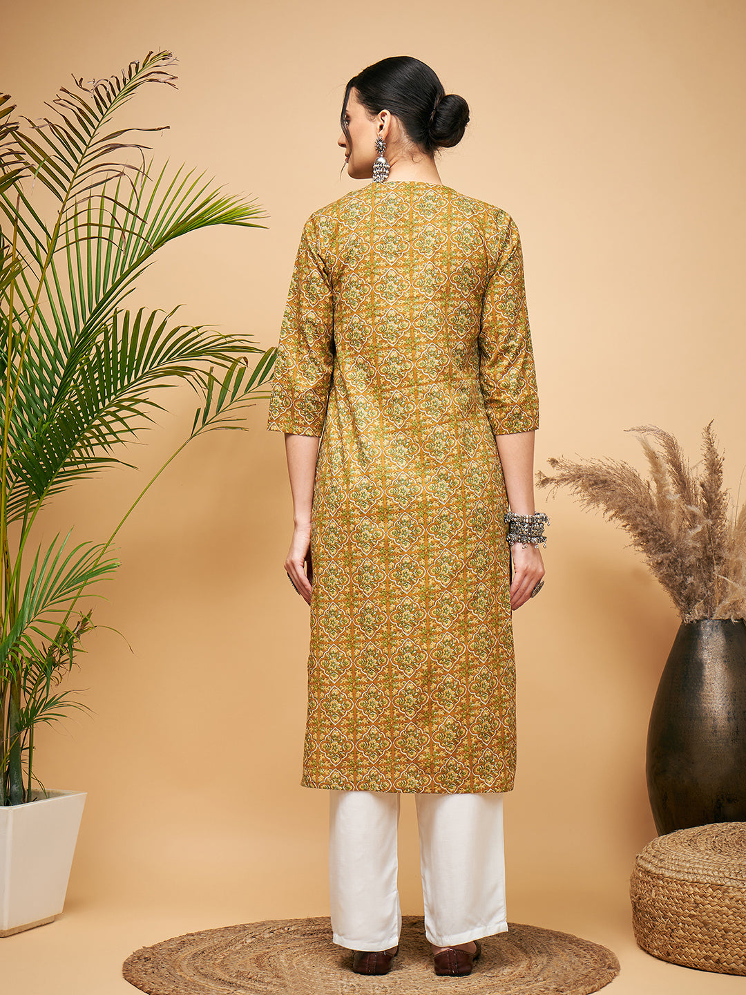 InWeave Women's Olive Ajrakh Print Cotton Patch Work Straight Kurta Pant Set - Swadesiicart