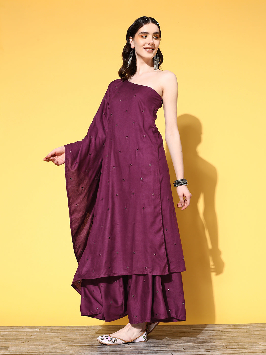 InWeave Women's Wine Mirror Work One Shoulder Kurta Set With Dupatta - Swadesiicart