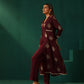 trueBrowns Wine Geometric Viscose Silk V-Neck Front Slit Kurta Pant Set | Swadesiicart