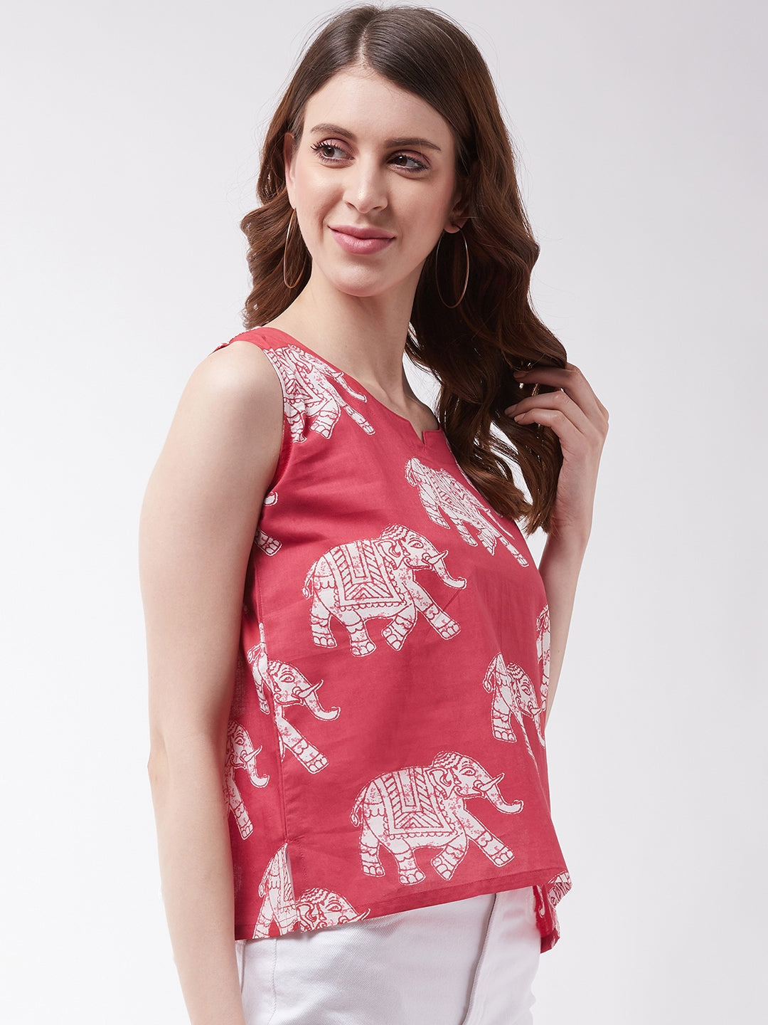 InWeave Red Elephant Sleeveless Top - Swadesiicart