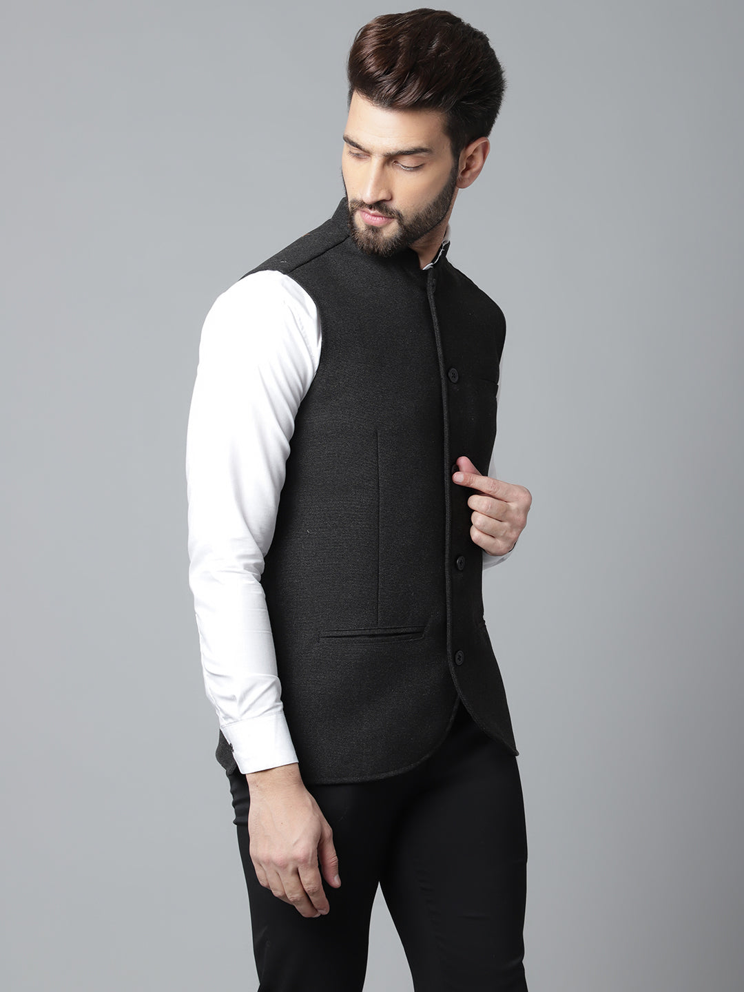 Even Apparels Men's Black Pure Wool Nehru Jacket | Swadesiicart