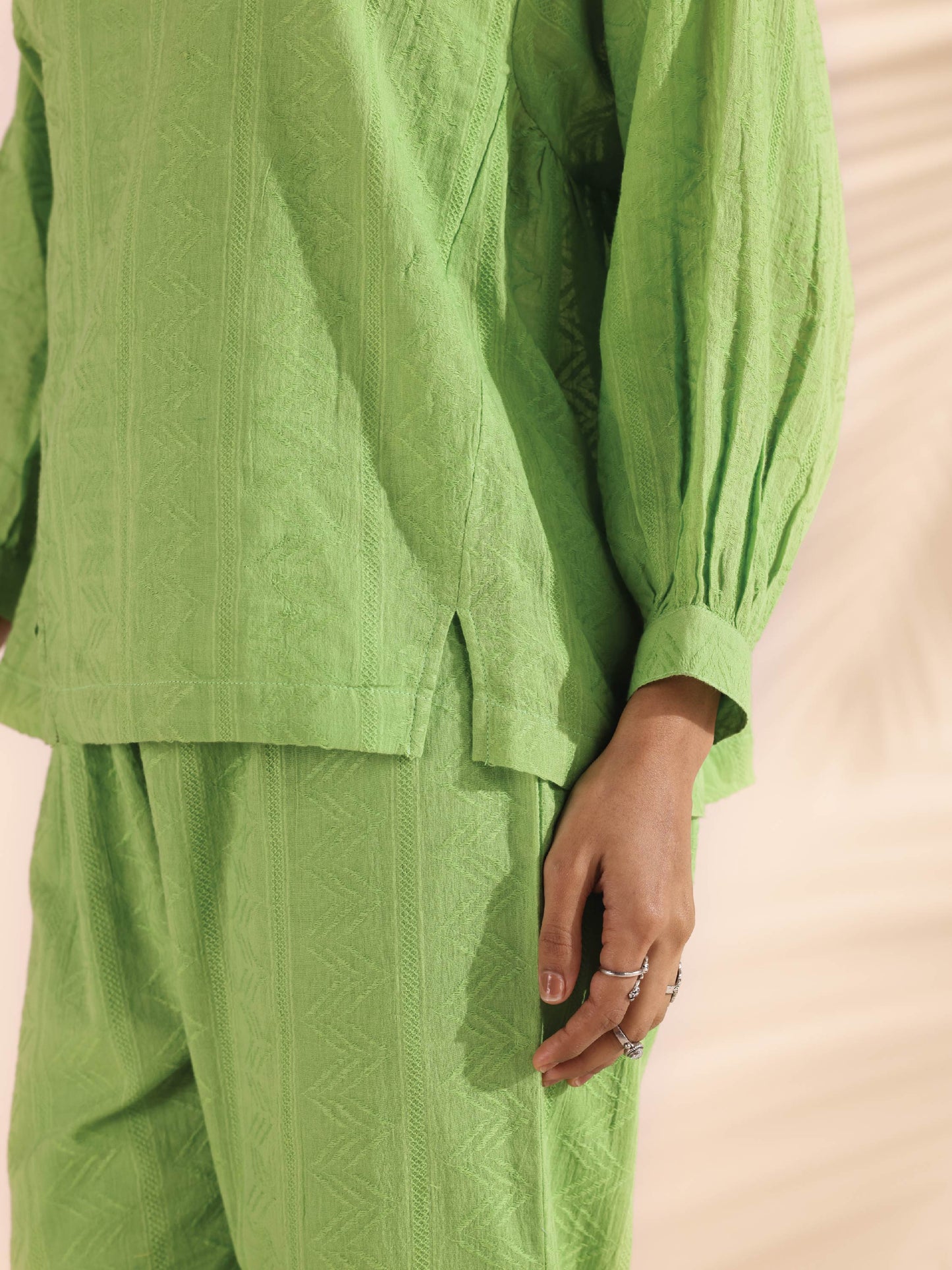 trueBrowns Green Cotton Dobby Short Co-ord Set - Swadesiicart