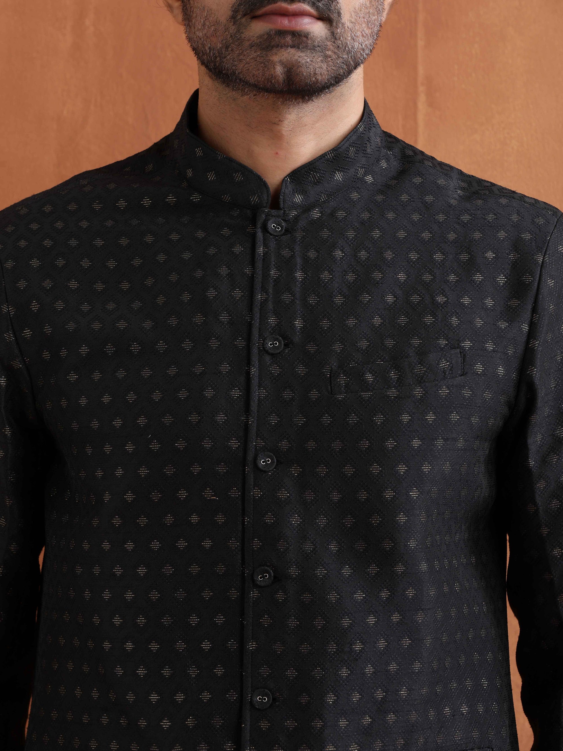 trueBrowns Men's Black Chanderi Long Jacket | Swadesiicart