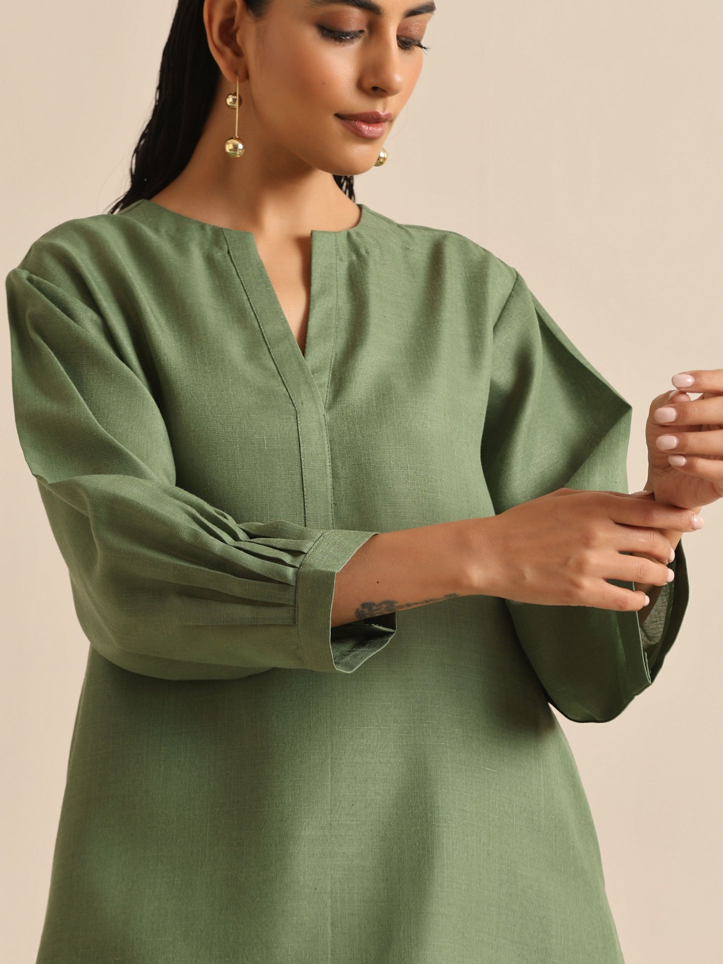 trueBrowns Olive Green Slub Relaxed Placket Co-Ord Set - Swadesiicart