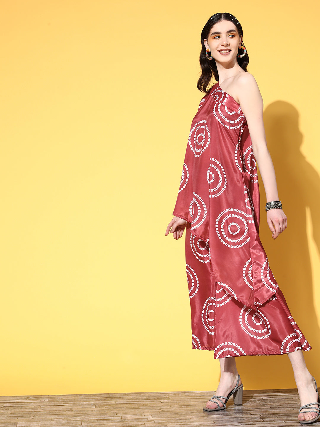 InWeave Women's Maroon Bandhani Motif One Shoulder Palazzo Set - Swadesiicart
