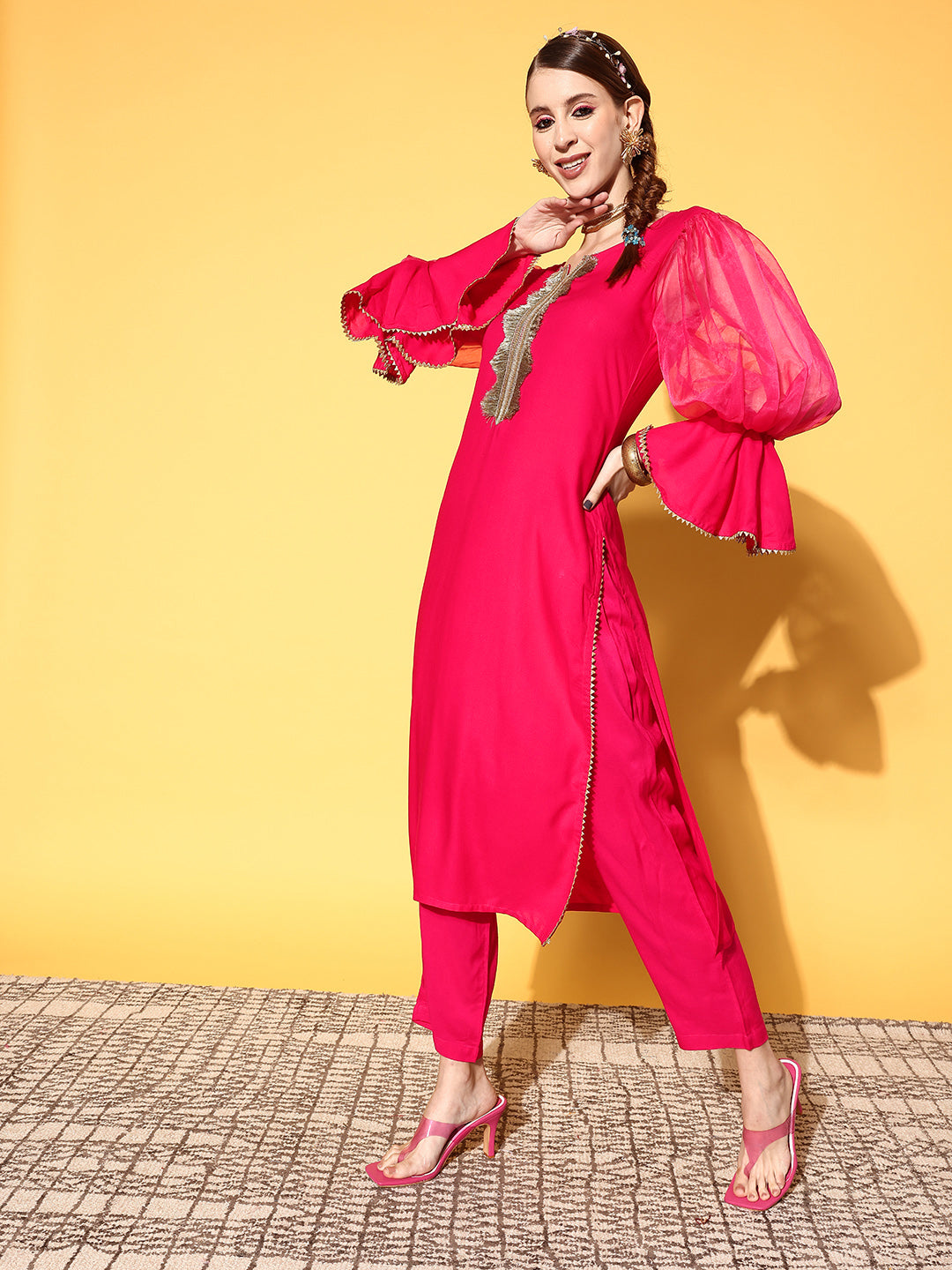 InWeave Women's Fuschia Organza Sleeve Gota Work Kurta Set - Swadesiicart