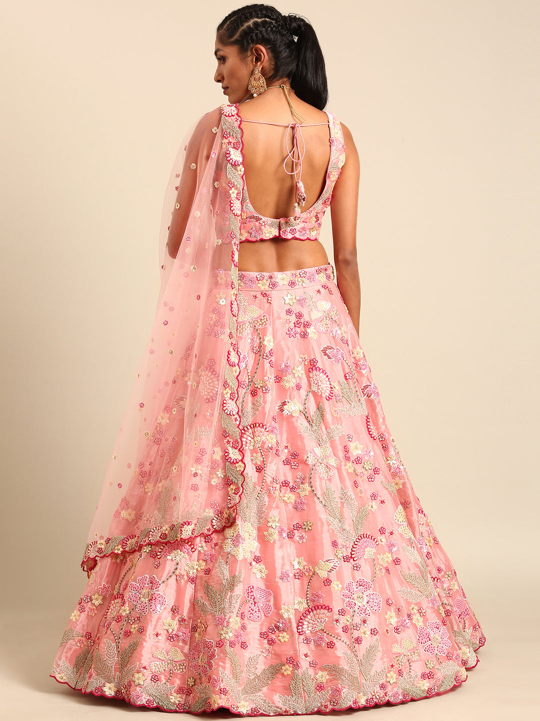 House of Panchhi Pink Organza Sequins And Zarkan Embroidery Lehenga Choli & Dupatta | Swadesiicart