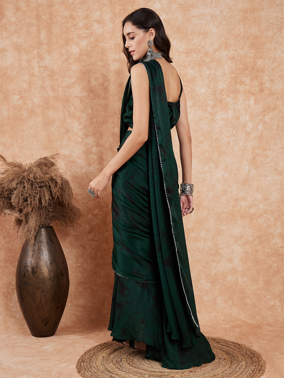 InWeave Women's Dark Green Black Gota Skirt Saree - Swadesiicart