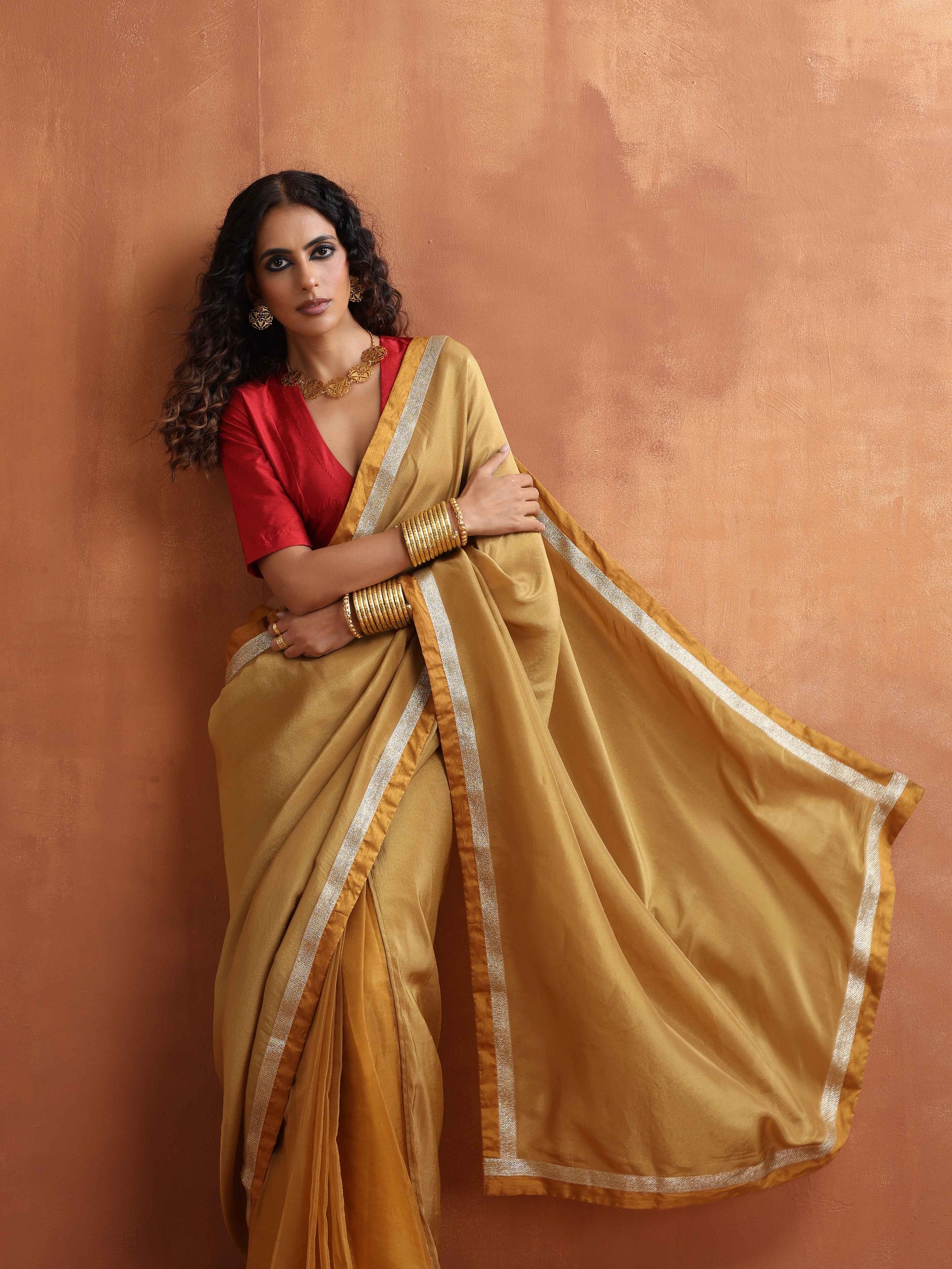 trueBrowns Gold Tissue Ready To Wear Saree | Swadesiicart