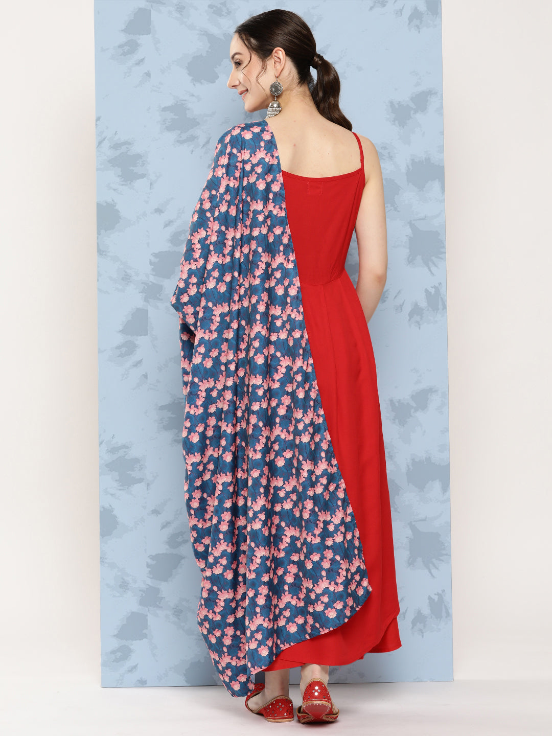 InWeave Women's Red Strappy Set W Navy Pink Lotus Cr Duptta - Swadesiicart