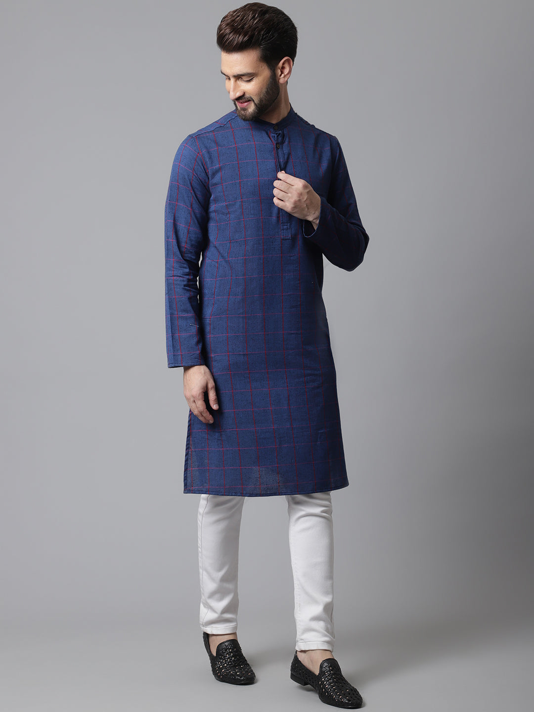 Even Apparels Blue Long Kurta With Band Collar | Swadesiicart
