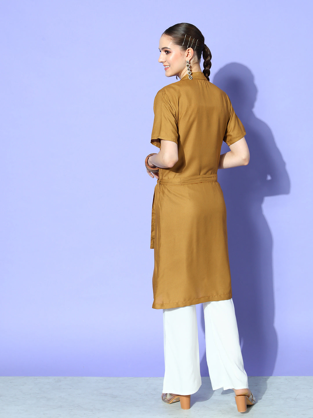 InWeave Women's Camel Brown Cream Pant Coord Set With Peach Crop Top - Swadesiicart