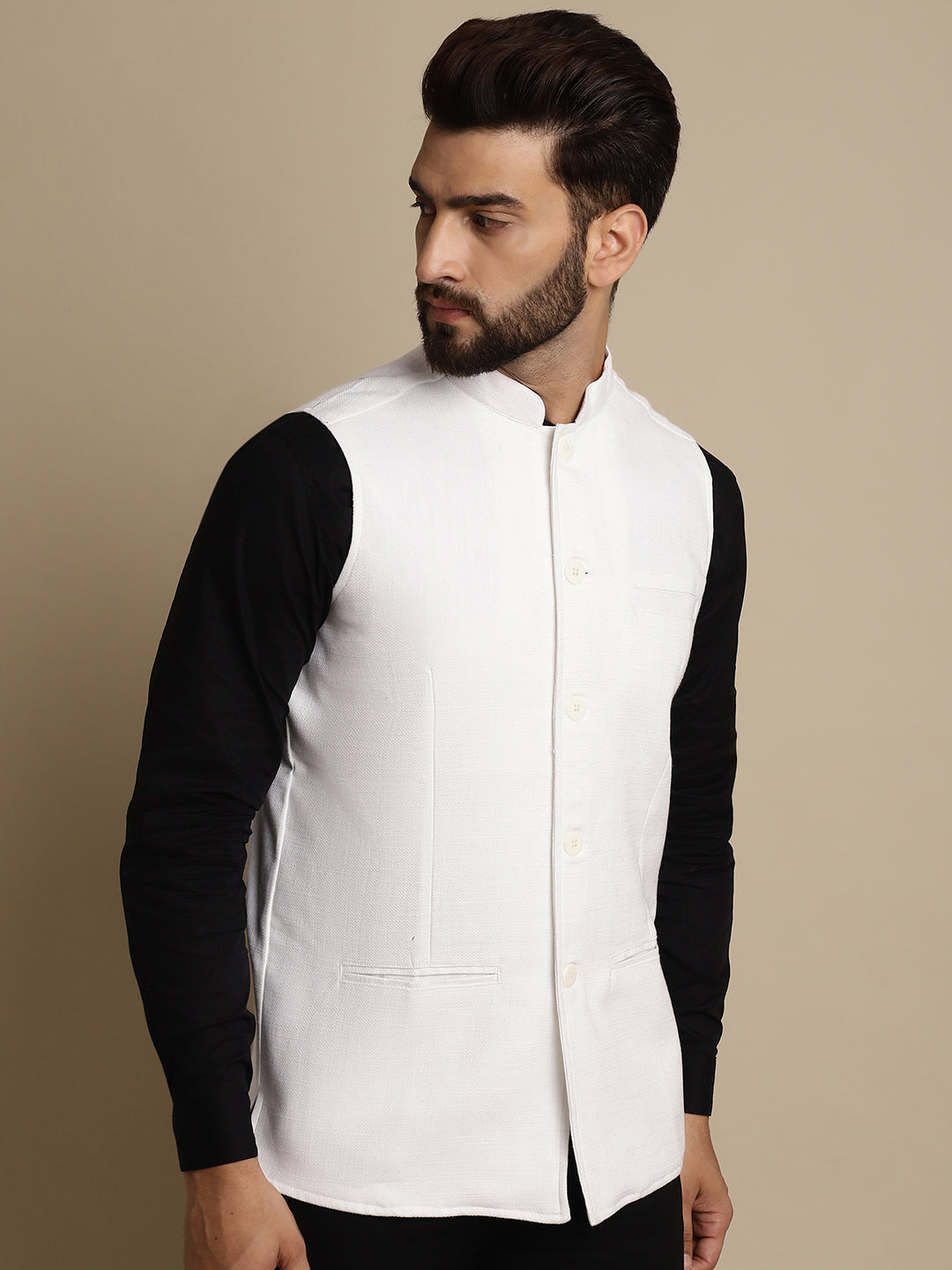 Even Apparels Men's White Mandarin Collar Waistcoat | Swadesiicart