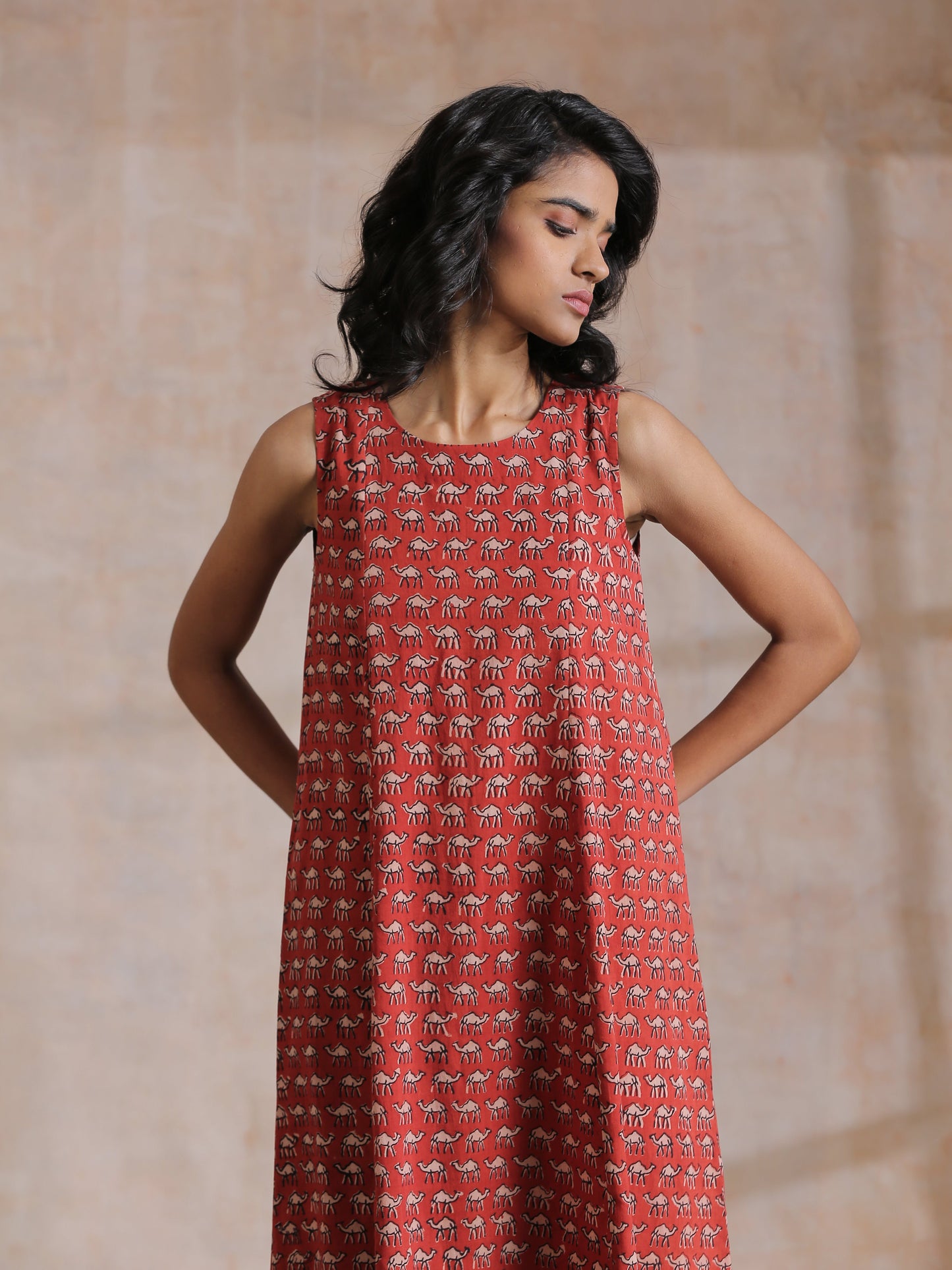 trueBrowns Rust Red Bagru Camel Print Cotton High-Low Co-Ord Set - Swadesiicart