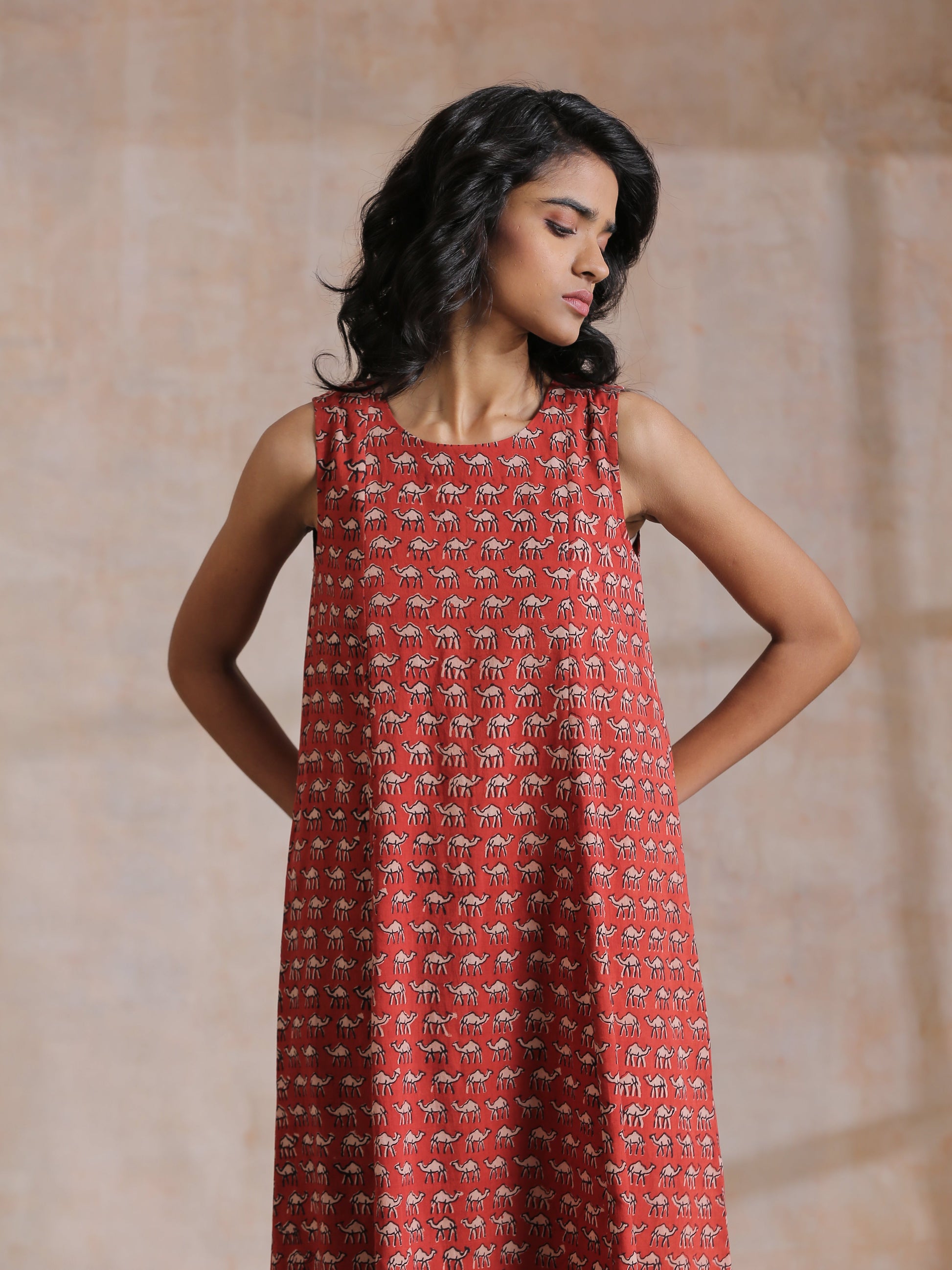trueBrowns Rust Red Bagru Camel Print Cotton High-Low Co-Ord Set - Swadesiicart