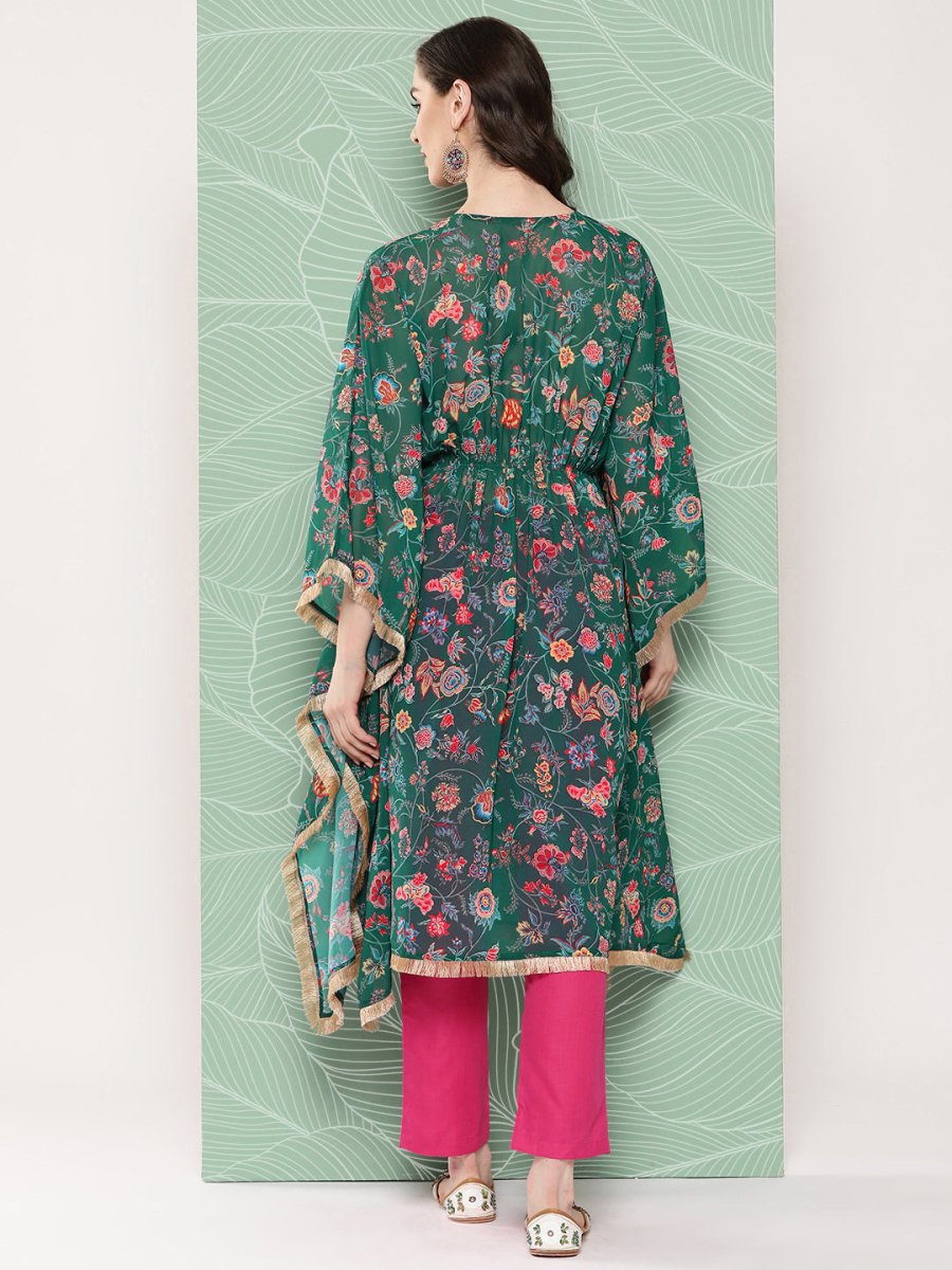 Ahalyaa Women Floral Printed Flared Sleeves Patchwork Georgette Kaftan Kurta | Swadesiicart
