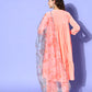 InWeave Women's Peach Flared Kurta Set With Off White Folral Organza Dupatta - Swadesiicart