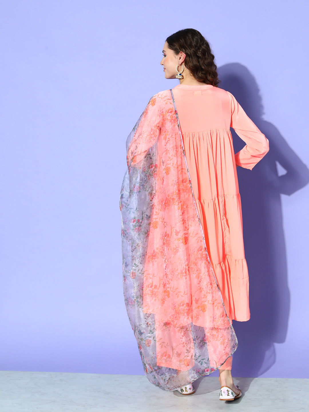InWeave Women's Peach Flared Kurta Set With Off White Folral Organza Dupatta - Swadesiicart