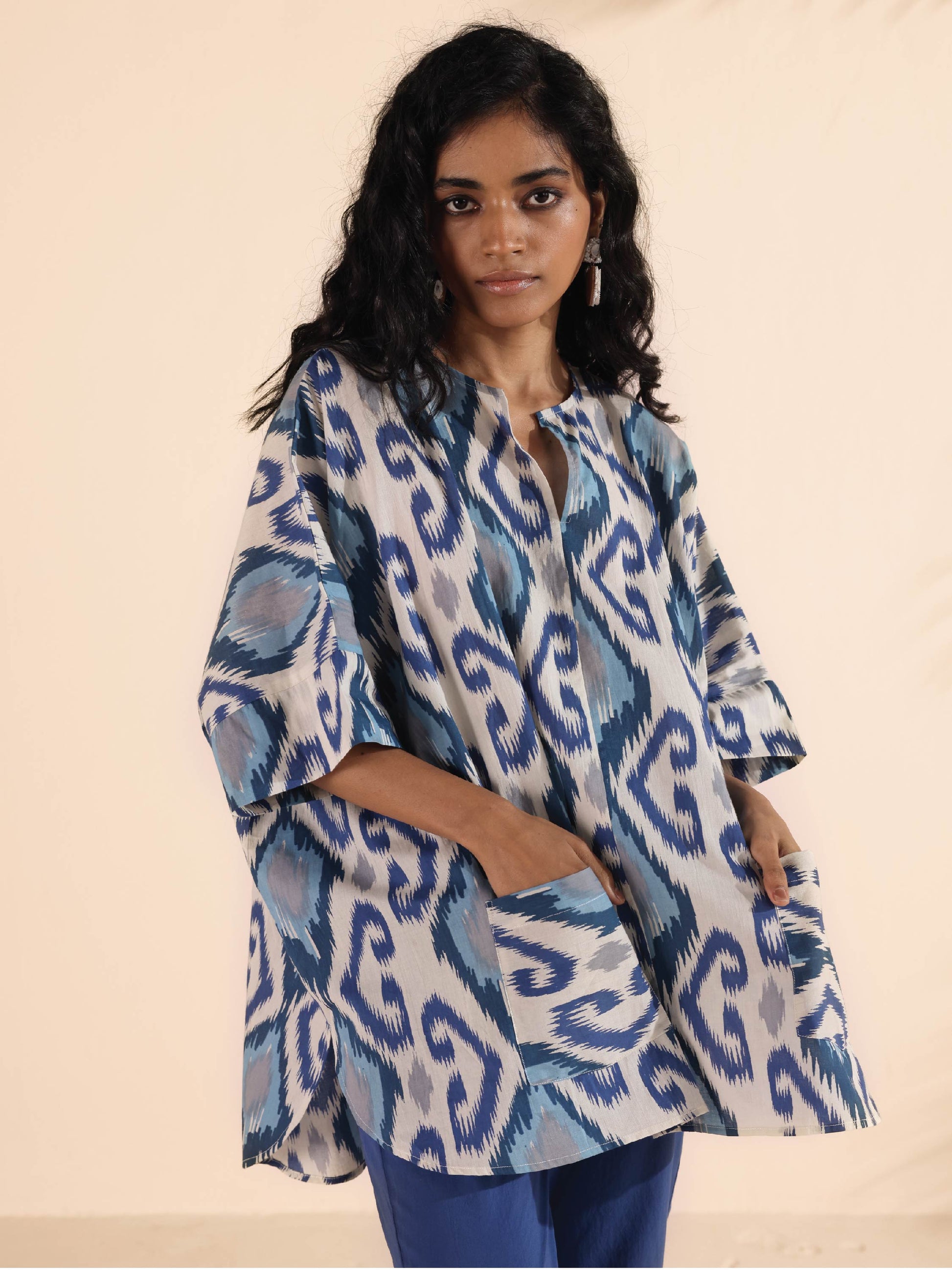 trueBrowns Blue Cotton Ikat Kaftan Co-ord Set - Swadesiicart