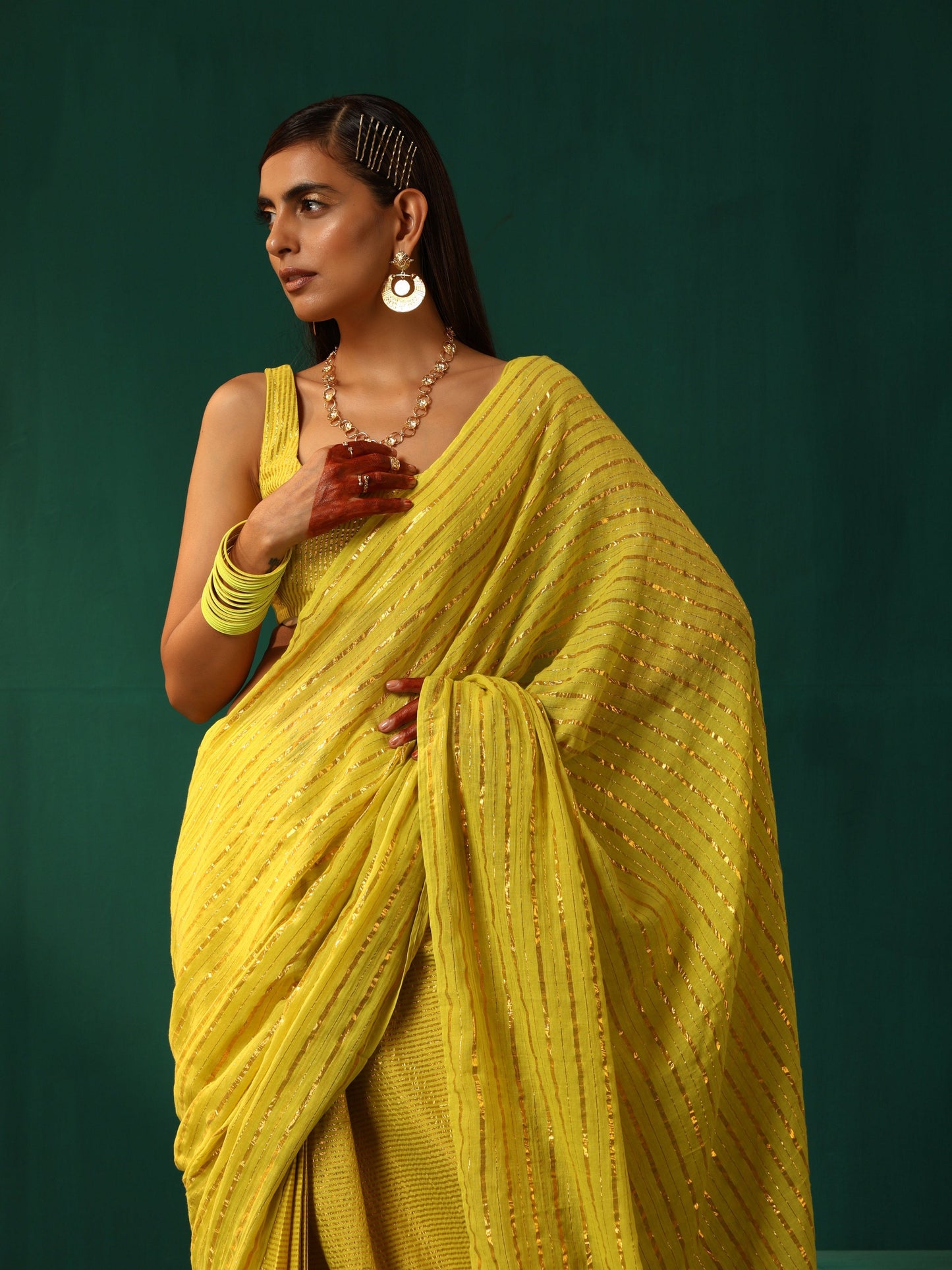 trueBrowns Lime Cotton Gold Lurex Striped Ready to Wear Saree | Swadesiicart