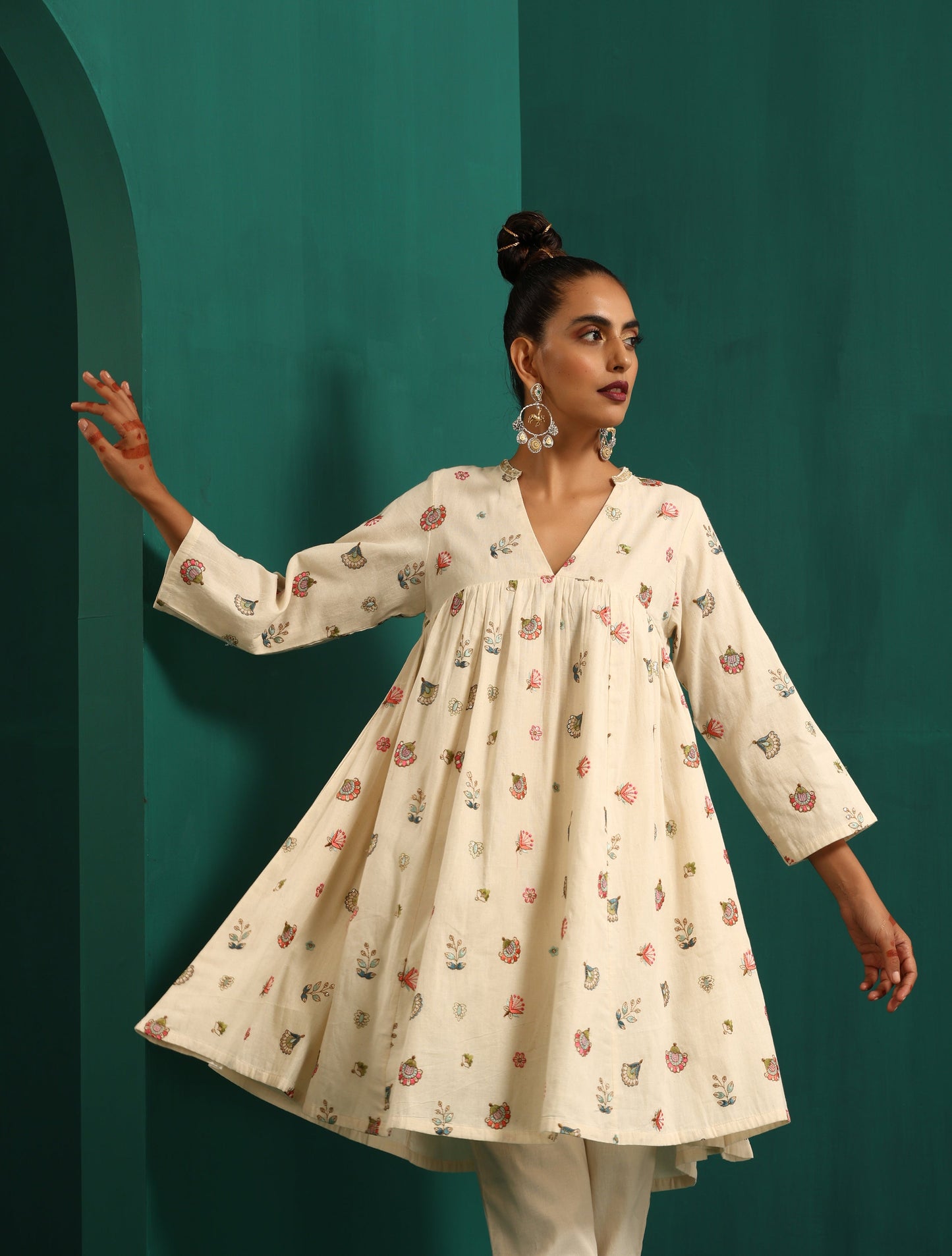 trueBrowns Ivory Multi Color Cotton Yoke Gathered Co-ord Set - Swadesiicart
