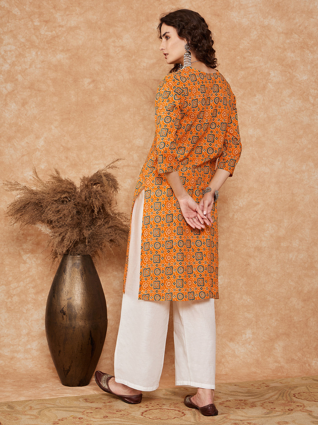 InWeave Women's Mustard Ethnic Print Lace Gota Work Straight Kurta - Swadesiicart