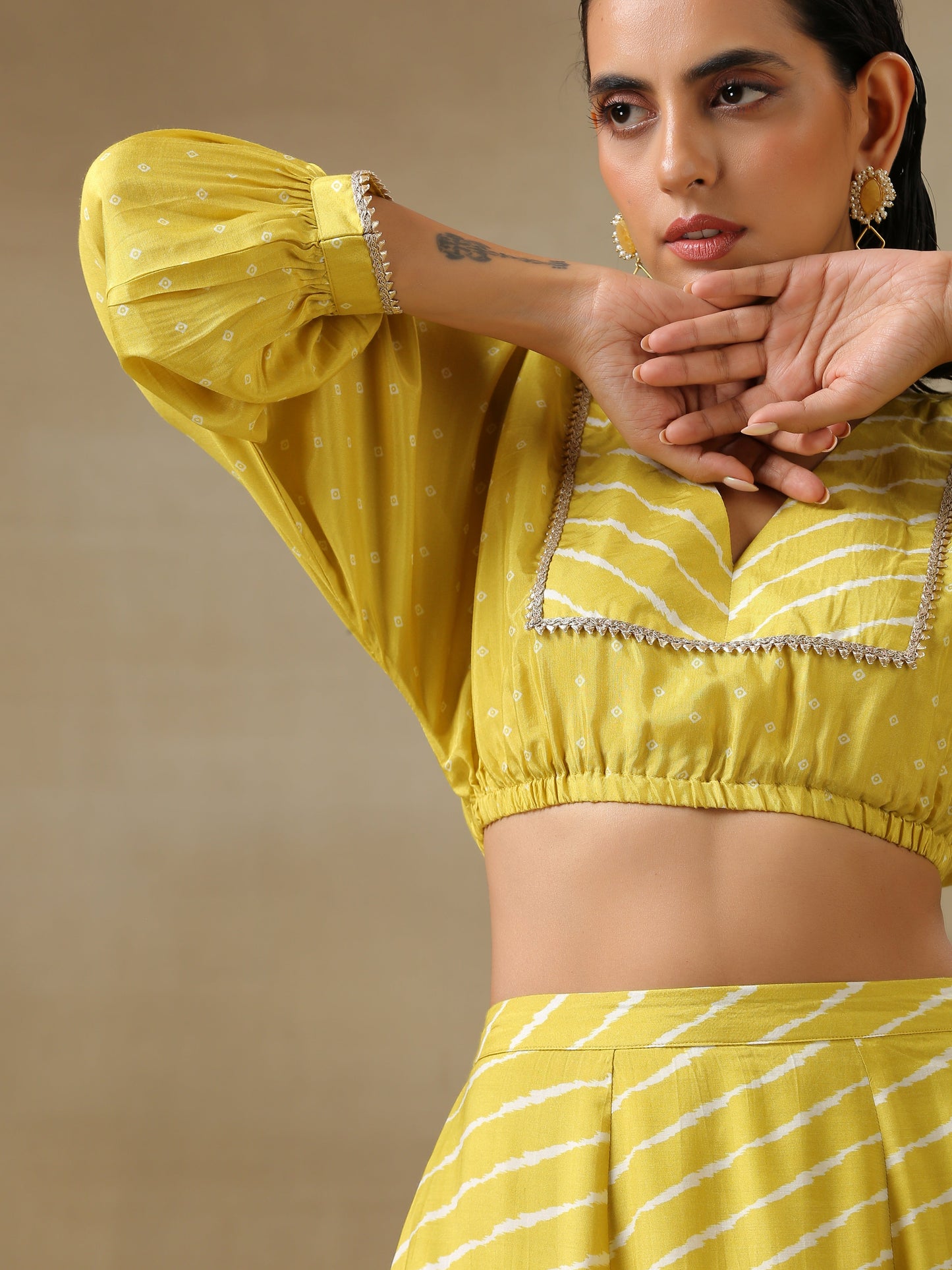 trueBrowns Lime Green Bandhani Printed Silk Top Skirt Set - Swadesiicart