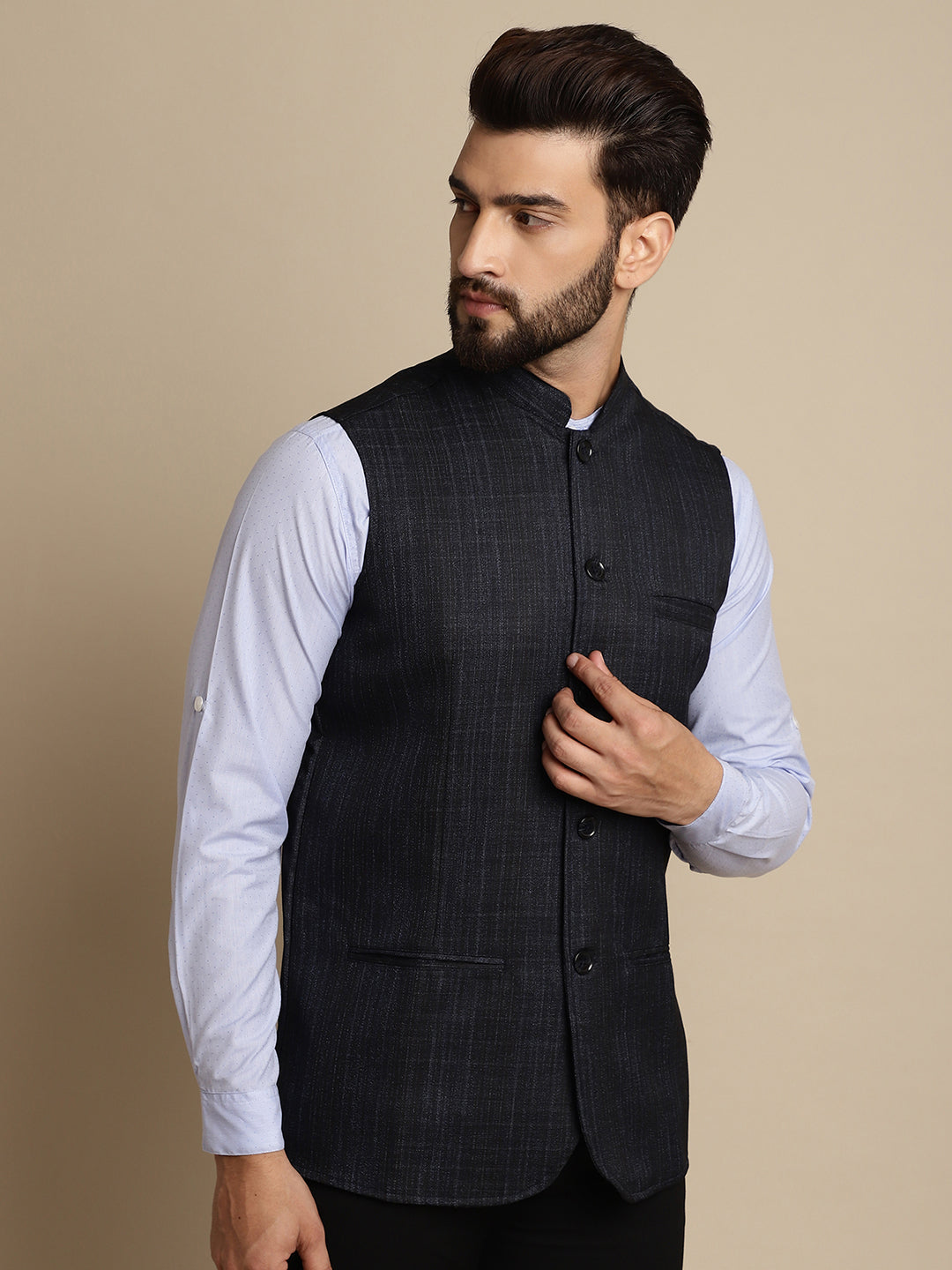 Even Apparels Men's Blue Mandarin Collar Waistcoat | Swadesiicart