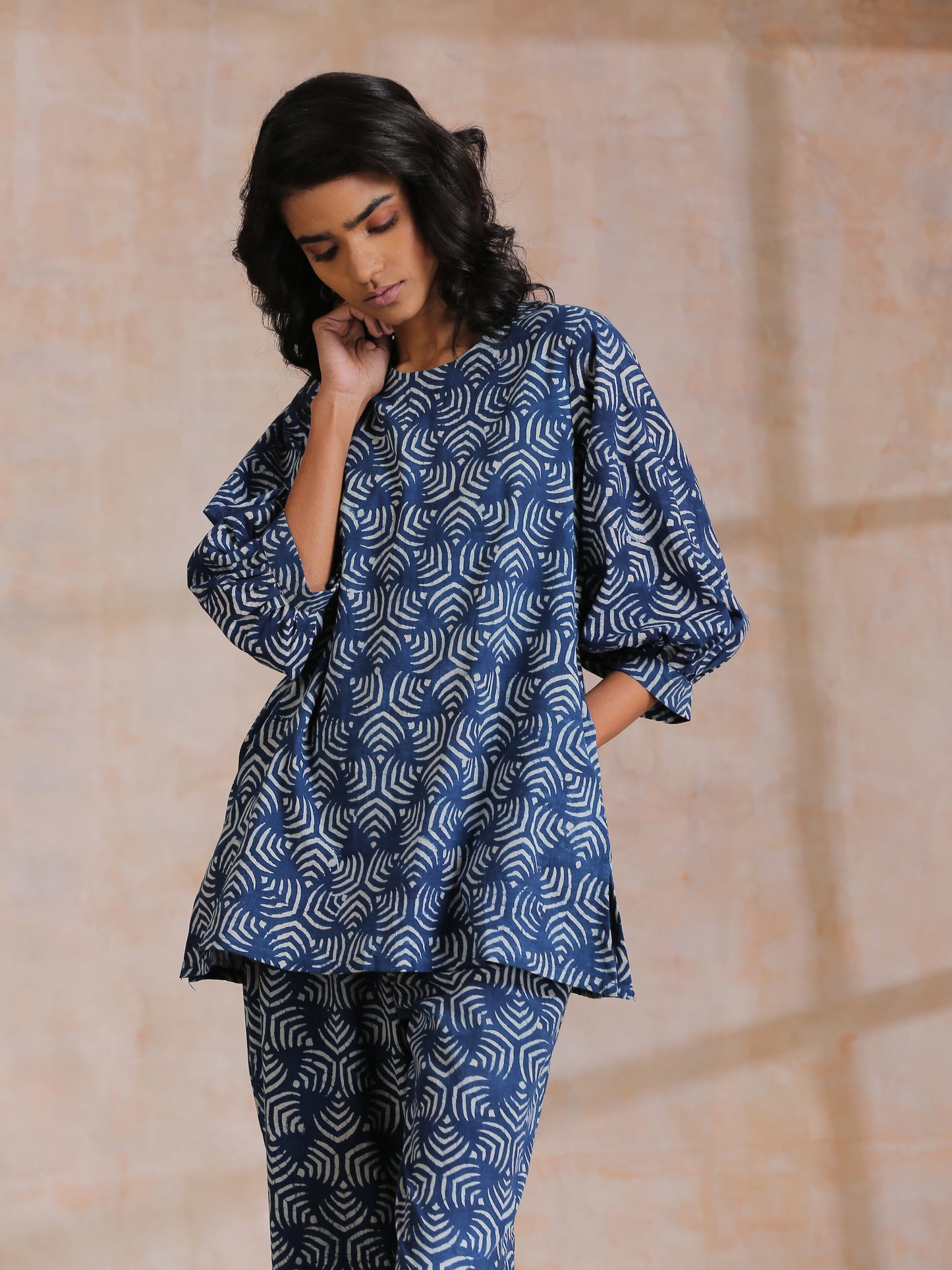 trueBrowns Indigo Dabu Overall Print Cotton Baggy Sleeve Co-Ord Set - Swadesiicart