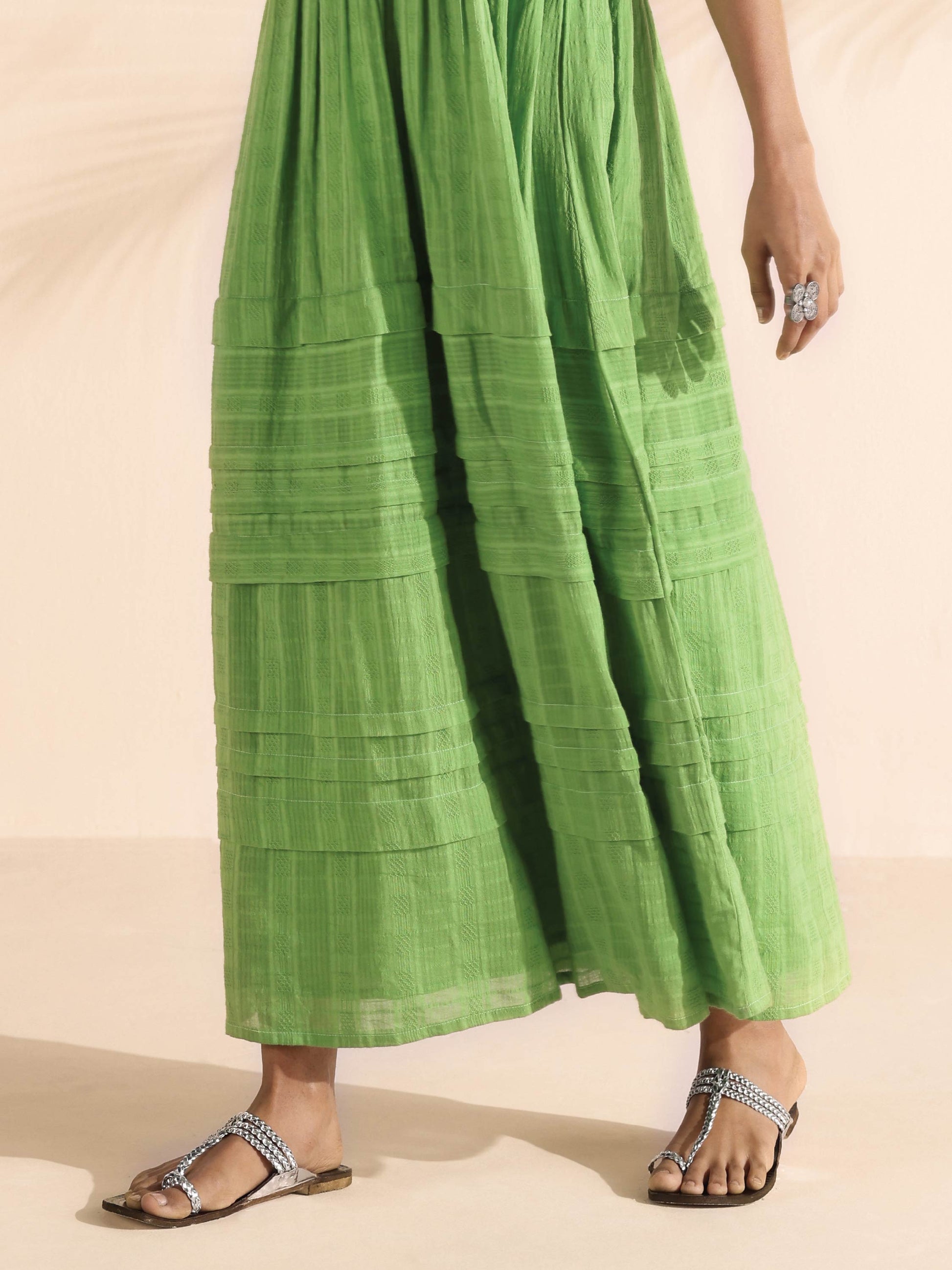 trueBrowns Green Cotton Dobby Yoke Dress | Swadesiicart
