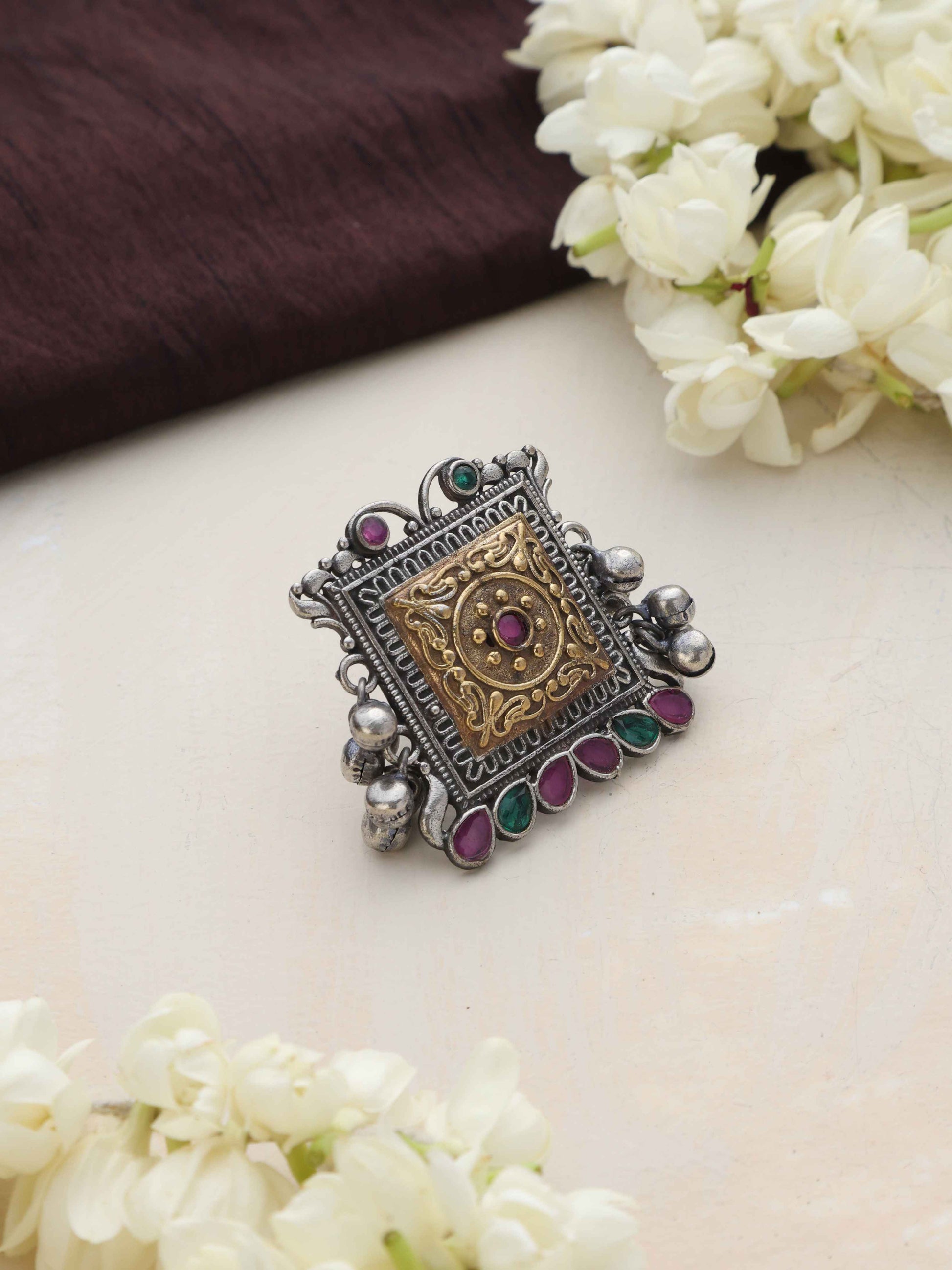 trueBrowns Silver Gold Tone Square Ring | Swadesiicart