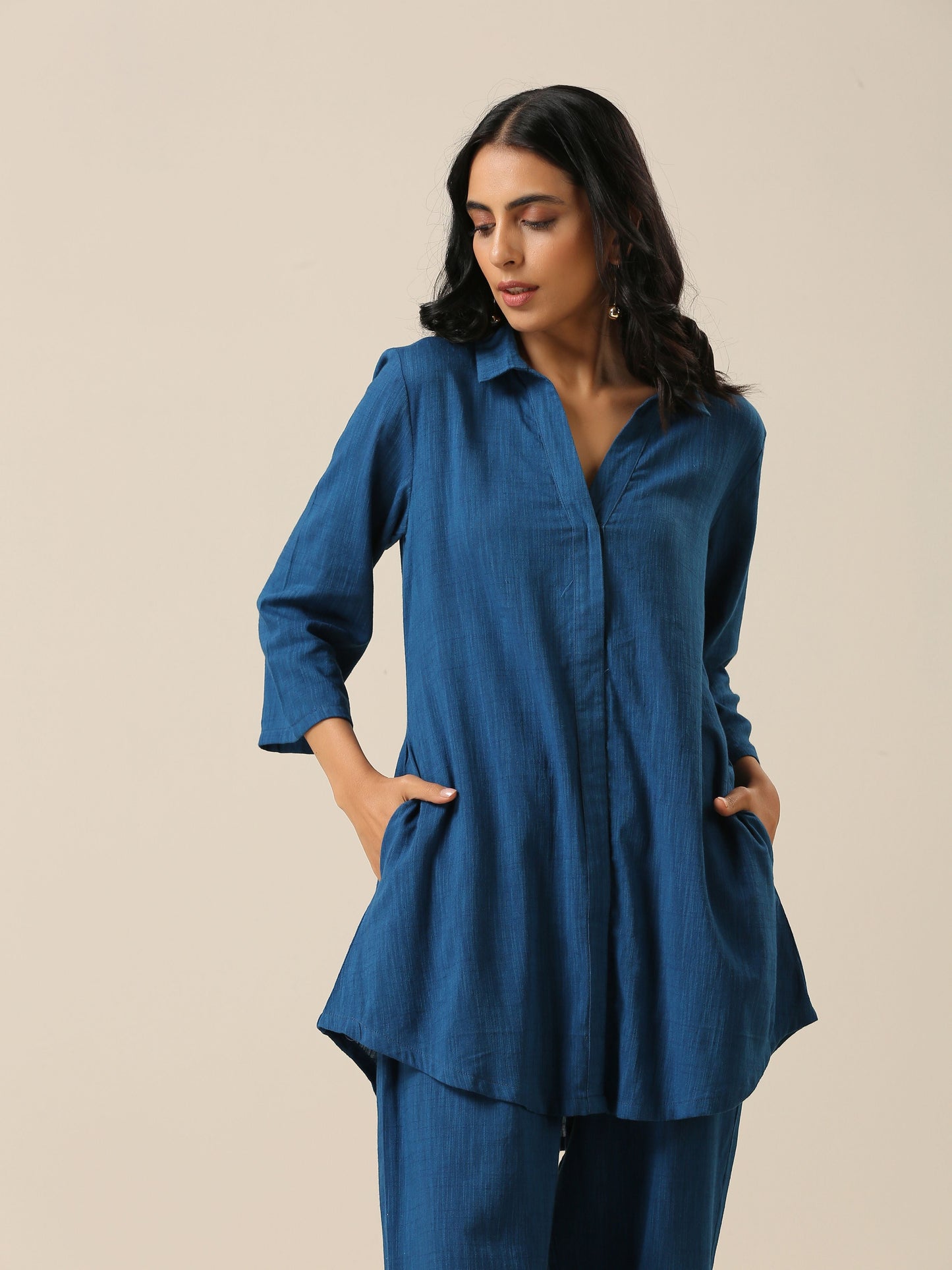 trueBrowns Classic Blue Slub Texture Collar Short Co-Ord Set - Swadesiicart