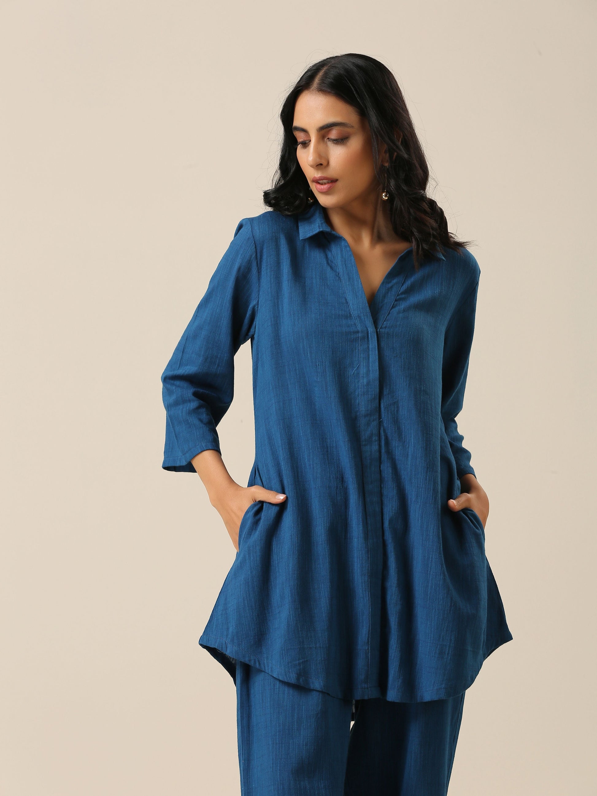 trueBrowns Classic Blue Slub Texture Collar Short Co-Ord Set - Swadesiicart