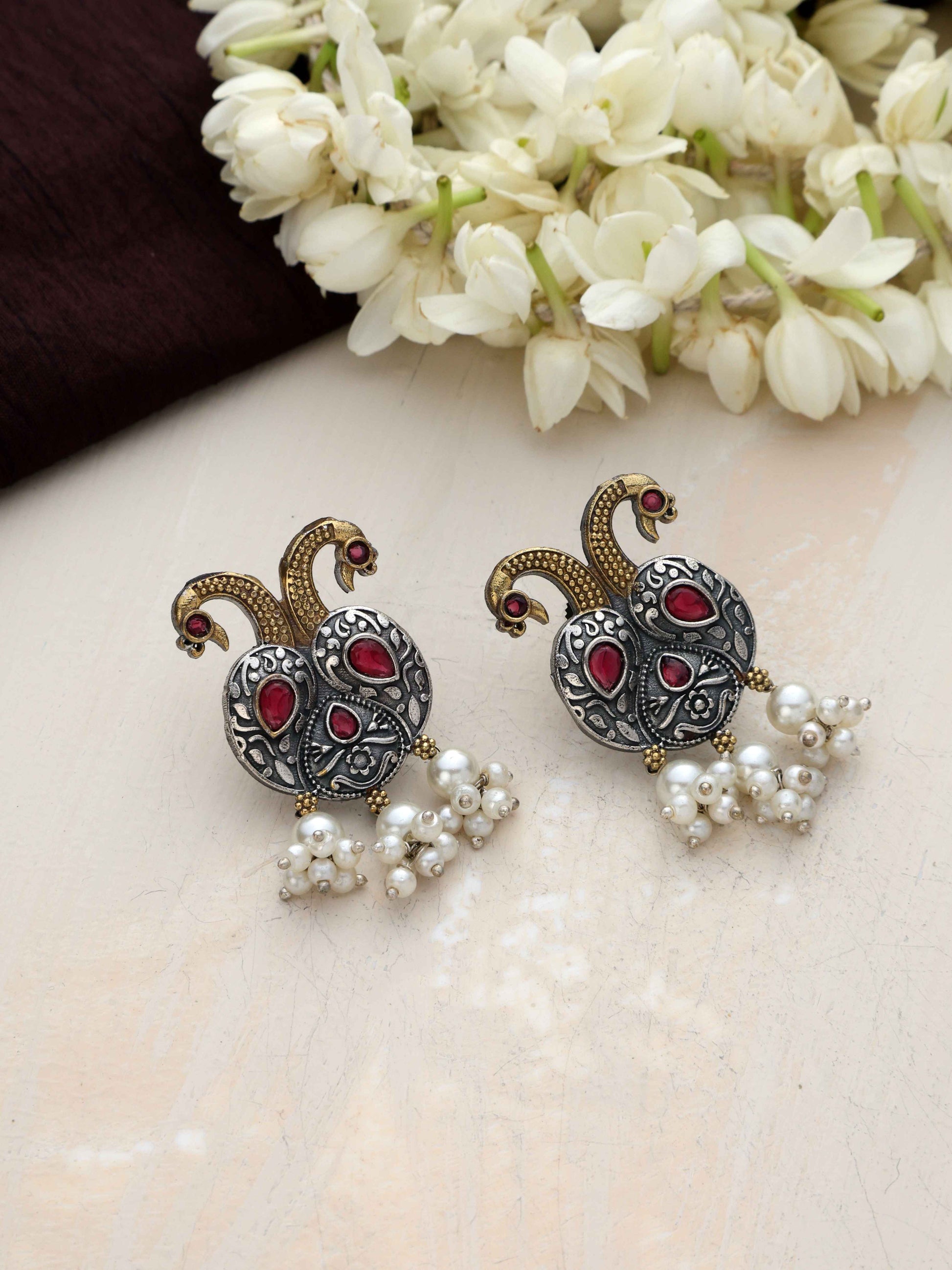 trueBrowns Silver Gold Tone Peacock Stud Earrings | Swadesiicart